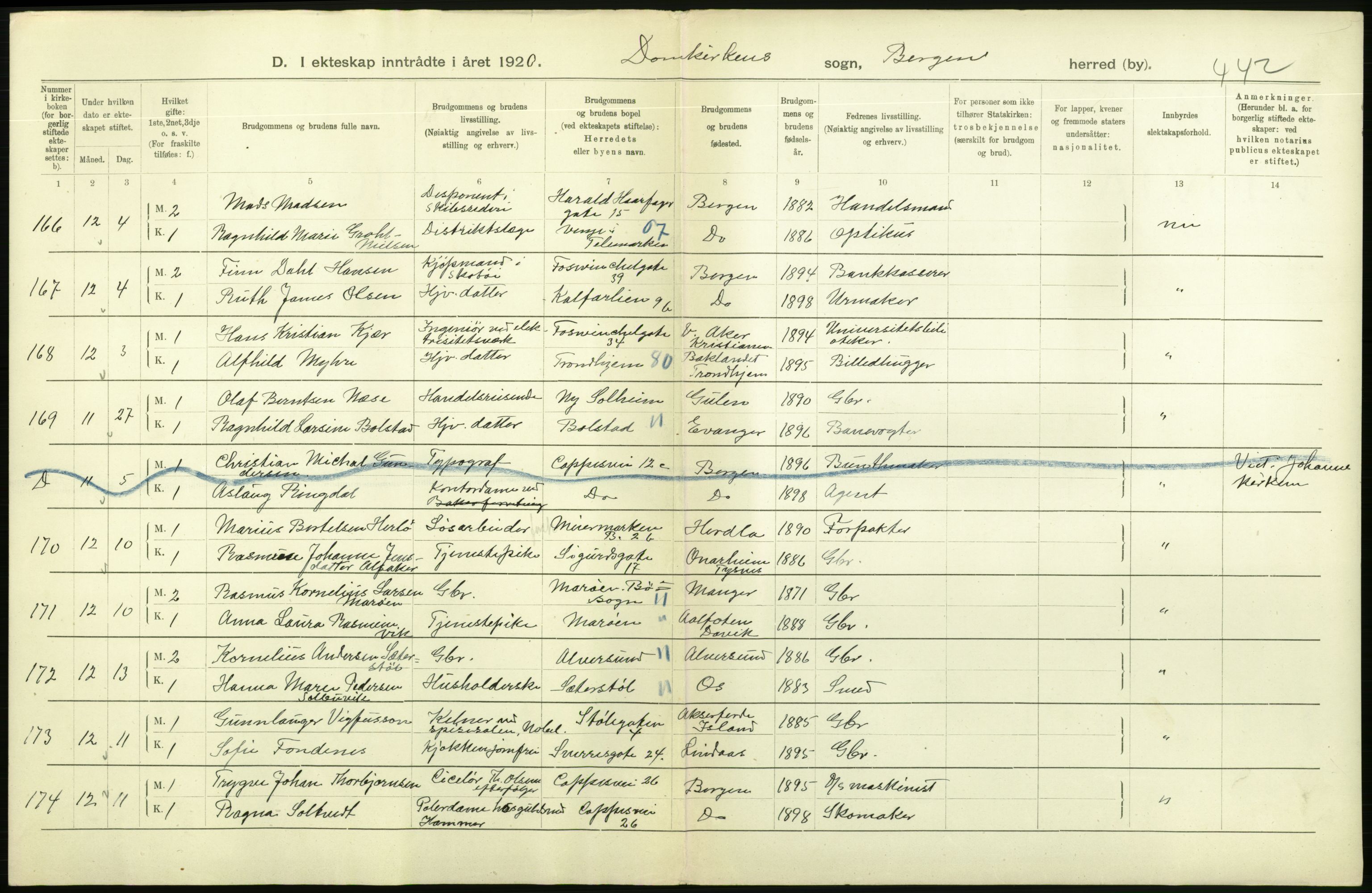 Statistisk sentralbyrå, Sosiodemografiske emner, Befolkning, AV/RA-S-2228/D/Df/Dfb/Dfbj/L0042: Bergen: Gifte, døde, dødfødte., 1920, p. 220