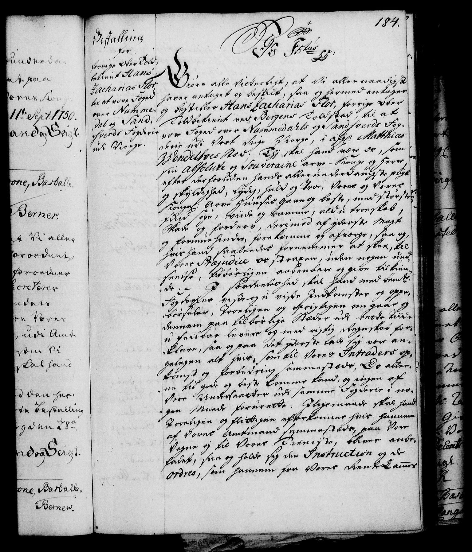 Rentekammeret, Kammerkanselliet, AV/RA-EA-3111/G/Gg/Gge/L0003: Norsk bestallingsprotokoll med register (merket RK 53.27), 1745-1761, p. 184