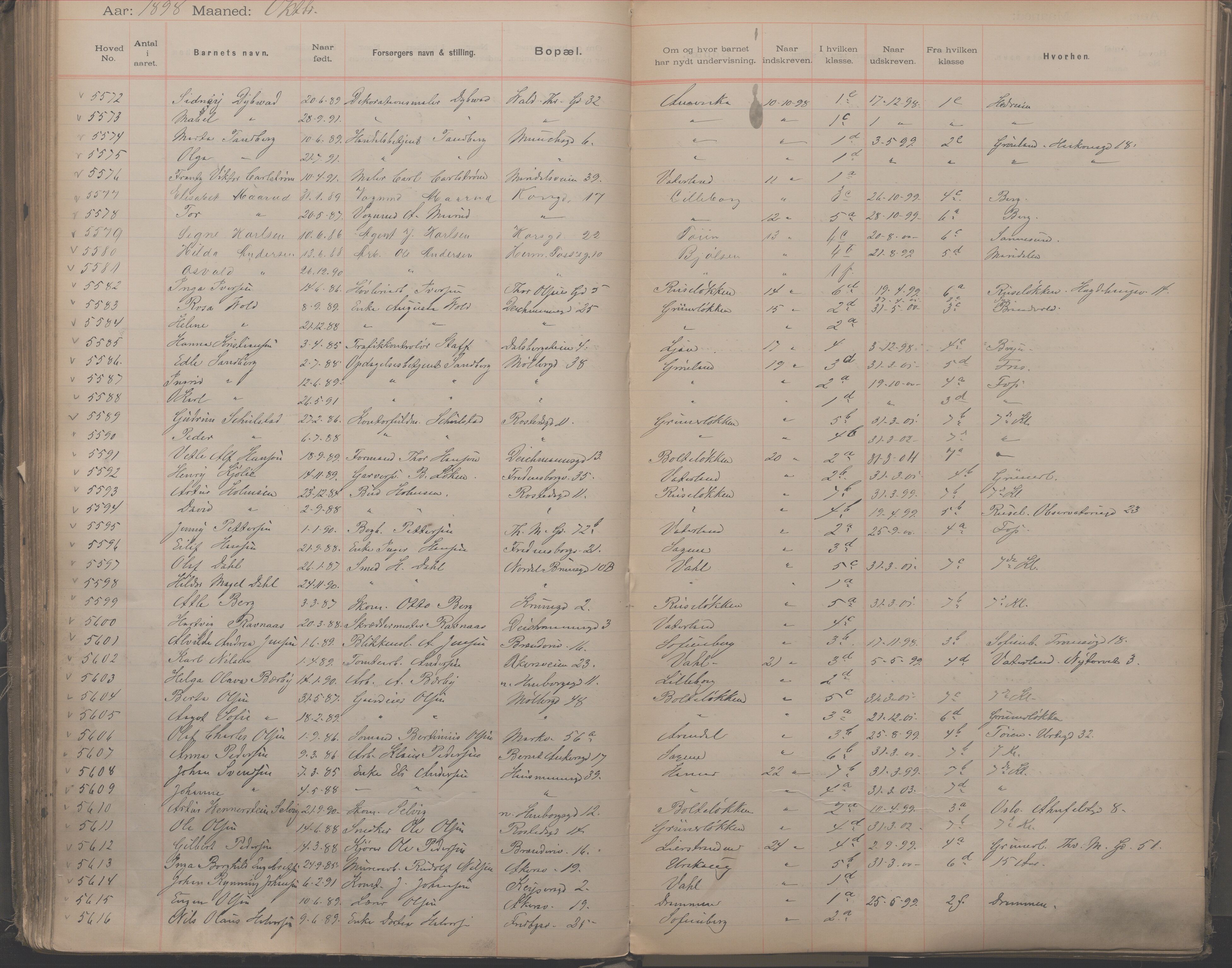 Møllergata skole, OBA/A-20129/F/Fa/L0001: Ut-/innskrivningsprotokoll, 1889-1907, p. 129