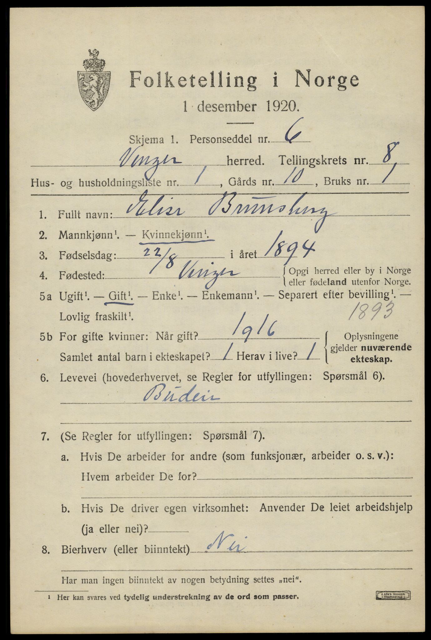 SAH, 1920 census for Vinger, 1920, p. 6972