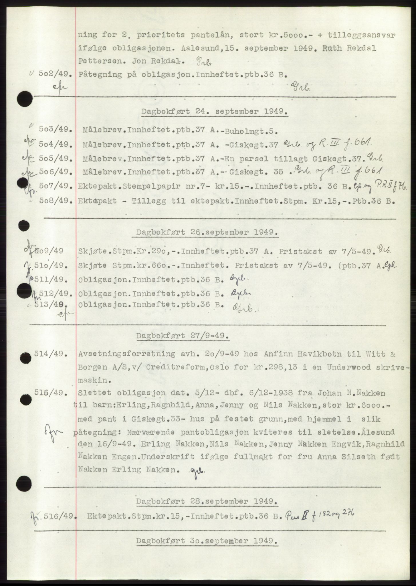 Ålesund byfogd, AV/SAT-A-4384: Mortgage book no. C34-35, 1946-1950, Diary no: : 502/1949