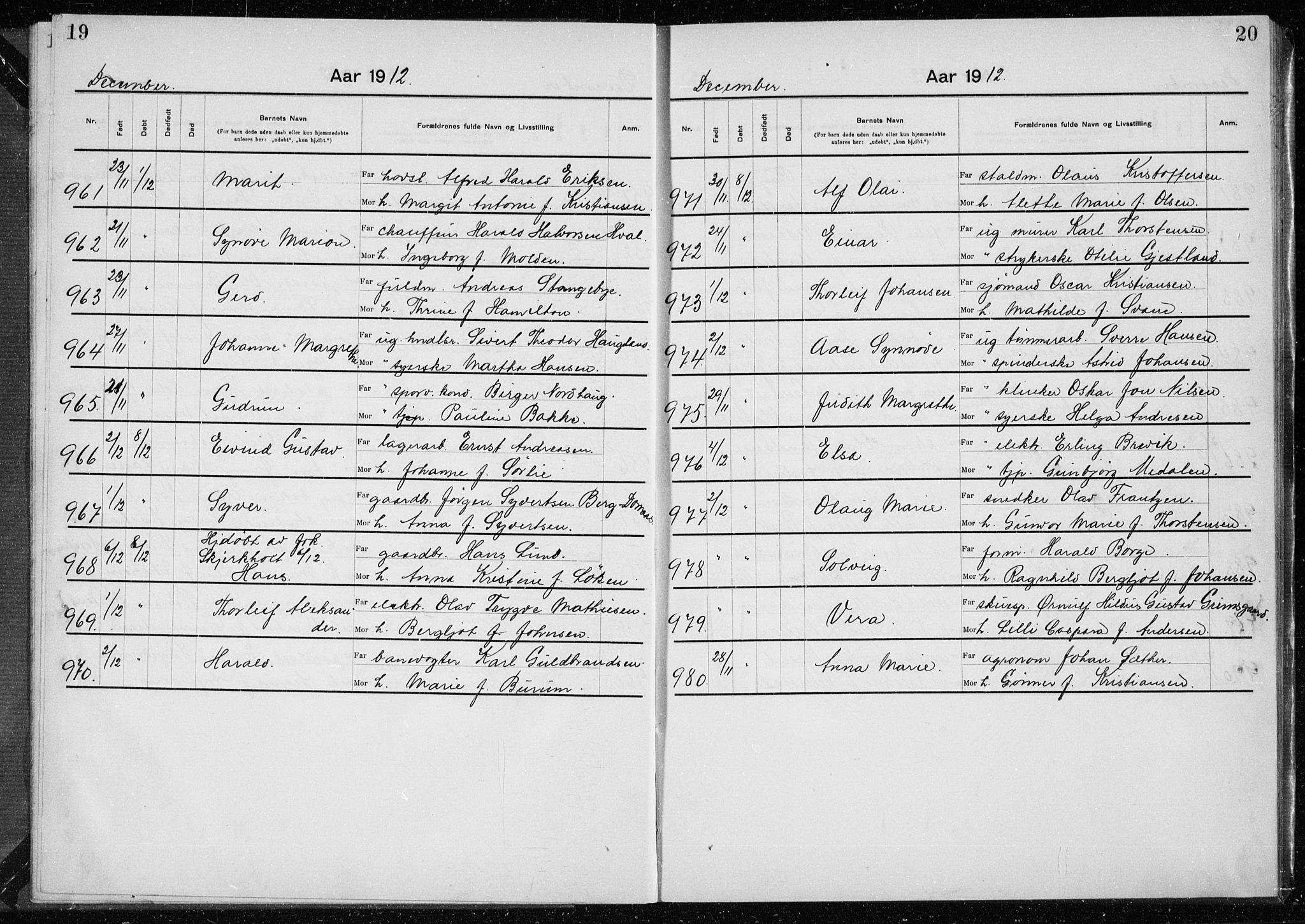 Rikshospitalet prestekontor Kirkebøker, AV/SAO-A-10309b/K/L0007/0002: Baptism register no. 7.2, 1912-1914, p. 19-20