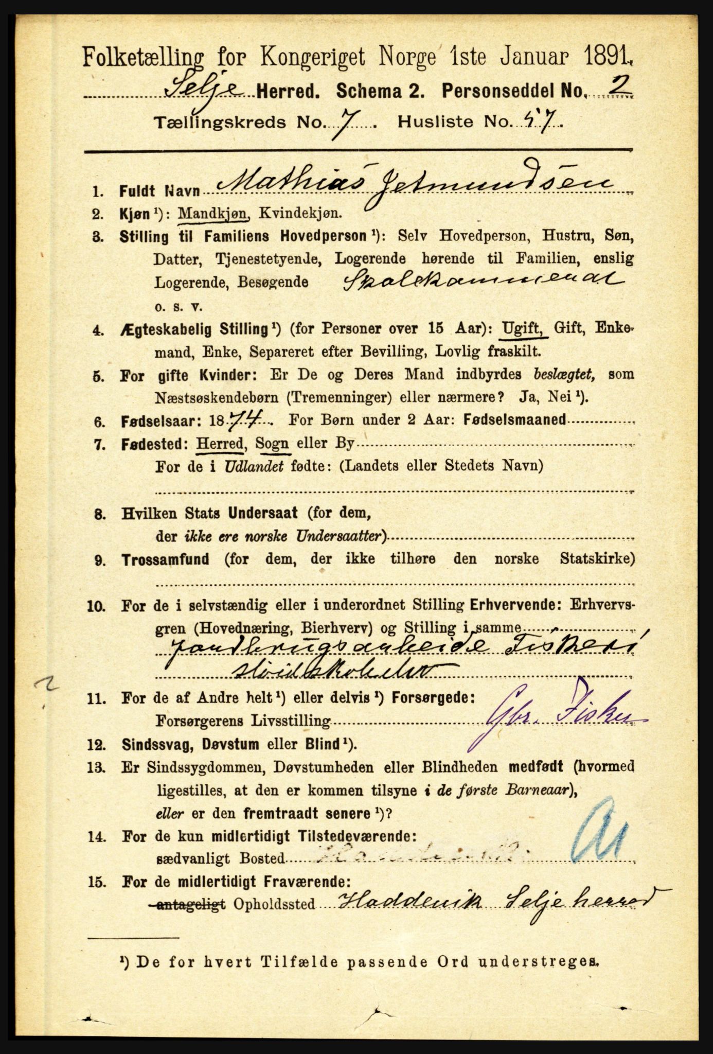 RA, 1891 census for 1441 Selje, 1891, p. 2316