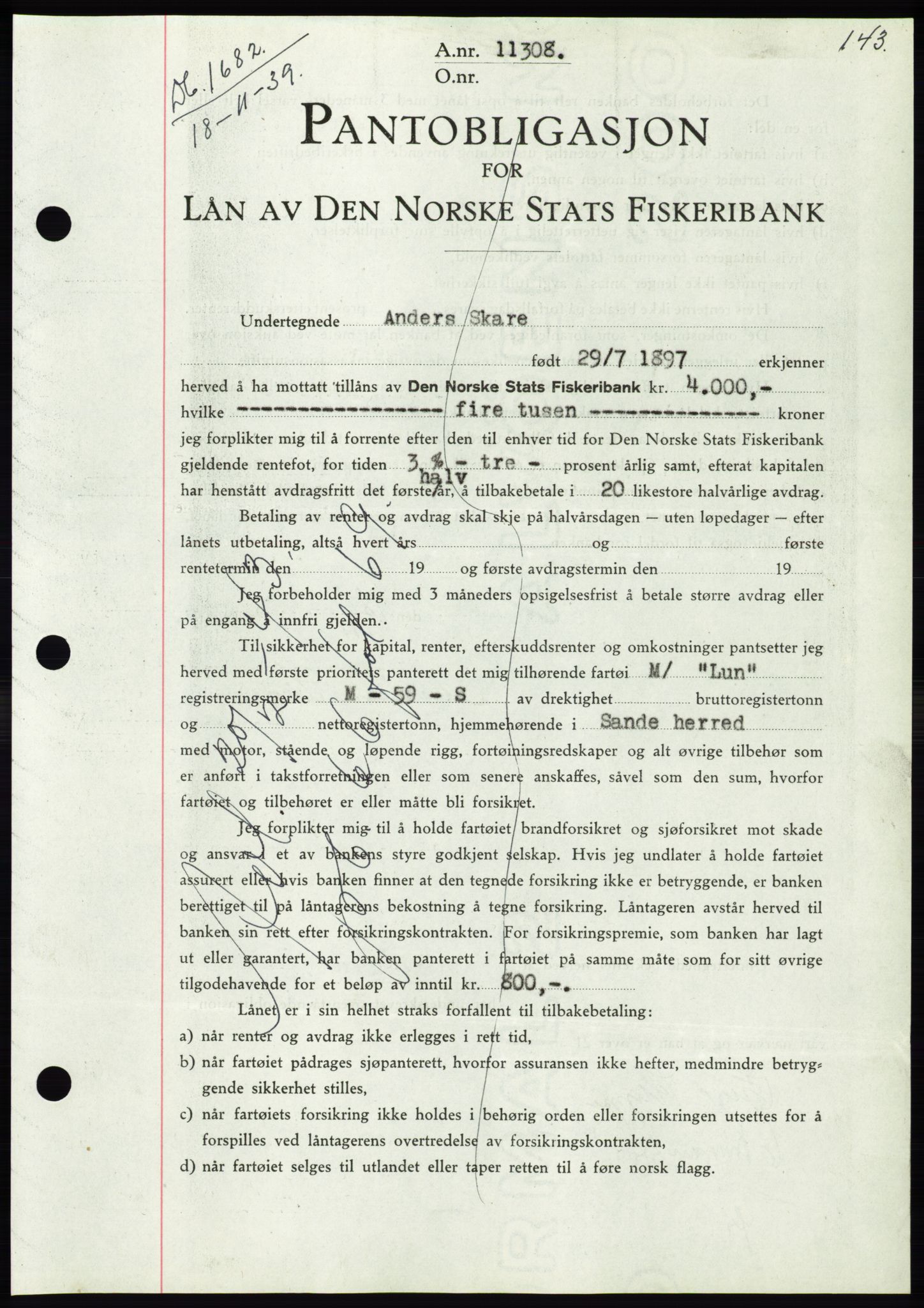 Søre Sunnmøre sorenskriveri, AV/SAT-A-4122/1/2/2C/L0069: Mortgage book no. 63, 1939-1940, Diary no: : 1682/1939