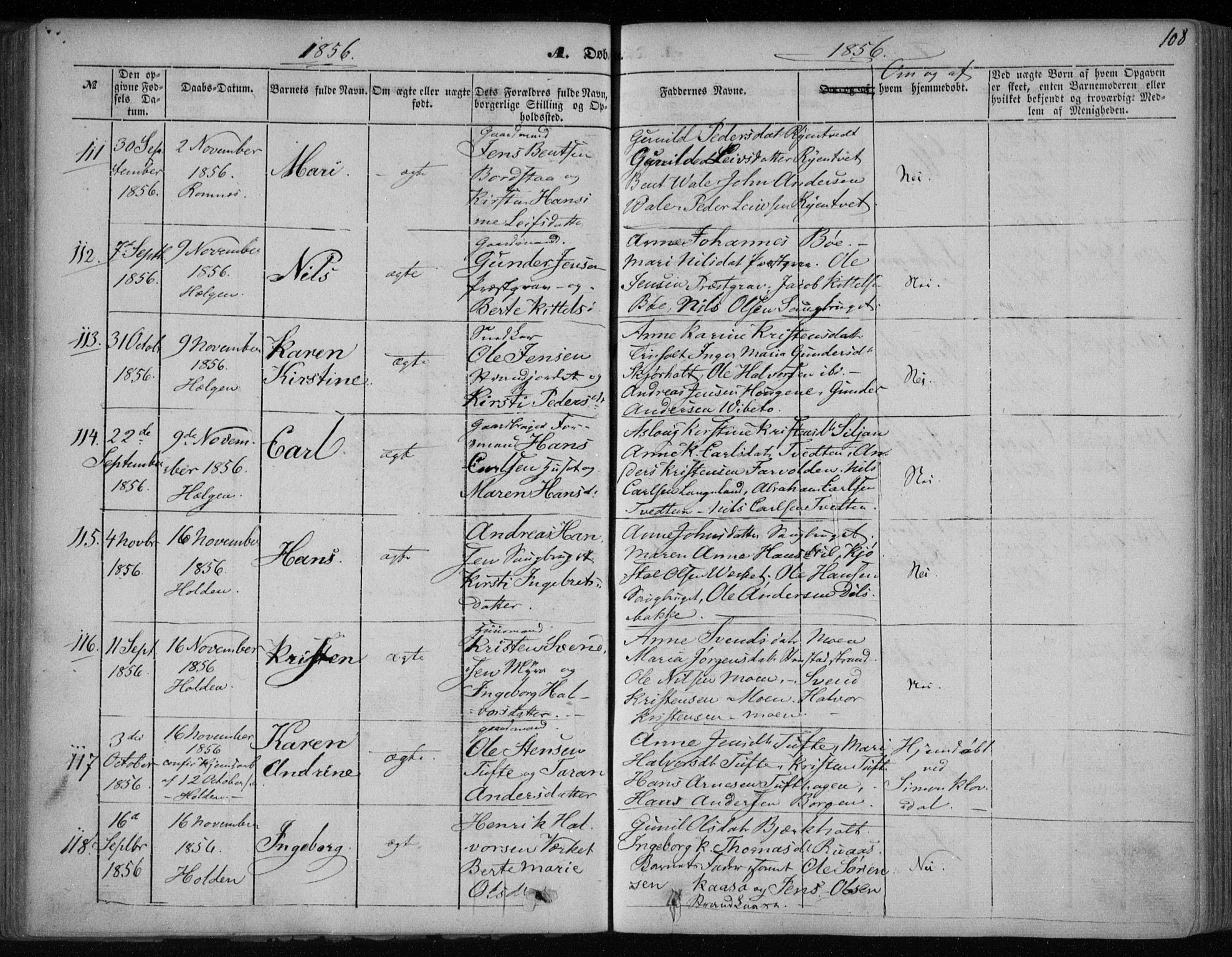 Holla kirkebøker, AV/SAKO-A-272/F/Fa/L0005: Parish register (official) no. 5, 1849-1860, p. 108