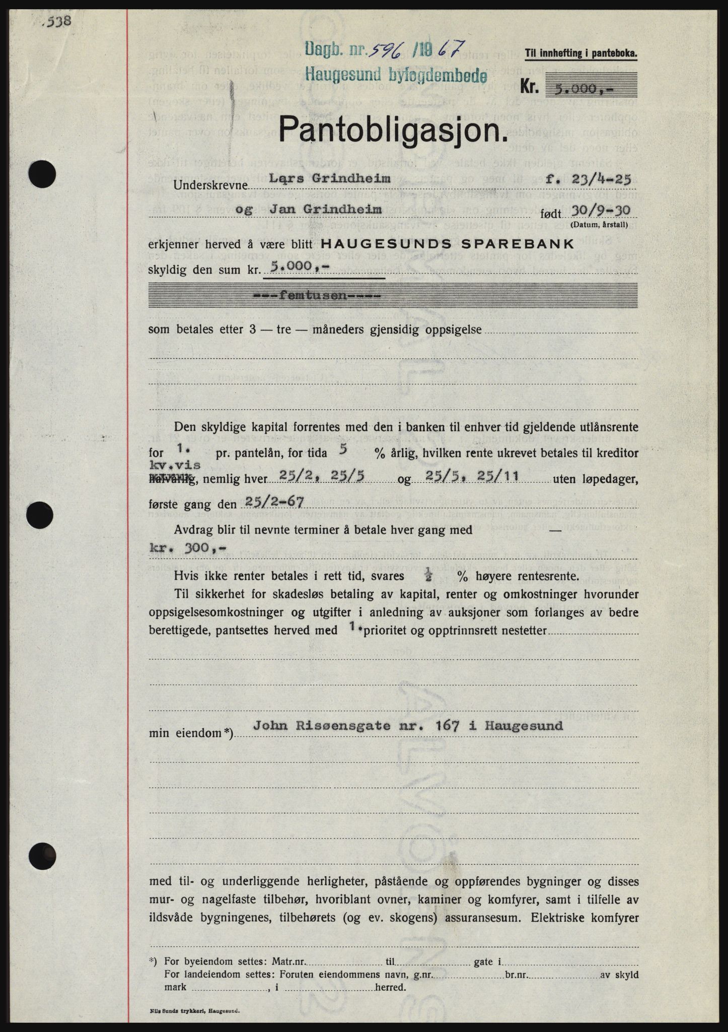 Haugesund tingrett, SAST/A-101415/01/II/IIC/L0056: Mortgage book no. B 56, 1966-1967, Diary no: : 596/1967