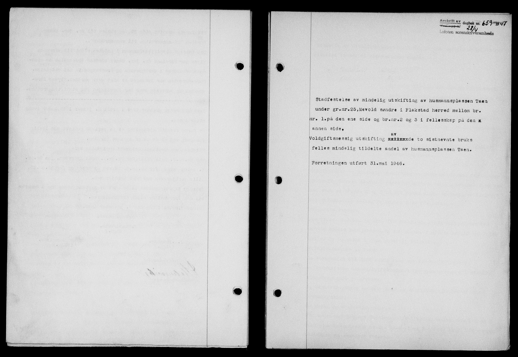 Lofoten sorenskriveri, SAT/A-0017/1/2/2C/L0016a: Mortgage book no. 16a, 1947-1947, Diary no: : 659/1947