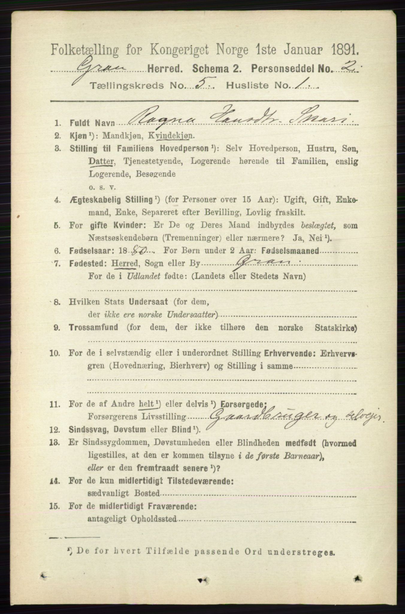 RA, 1891 census for 0534 Gran, 1891, p. 1615