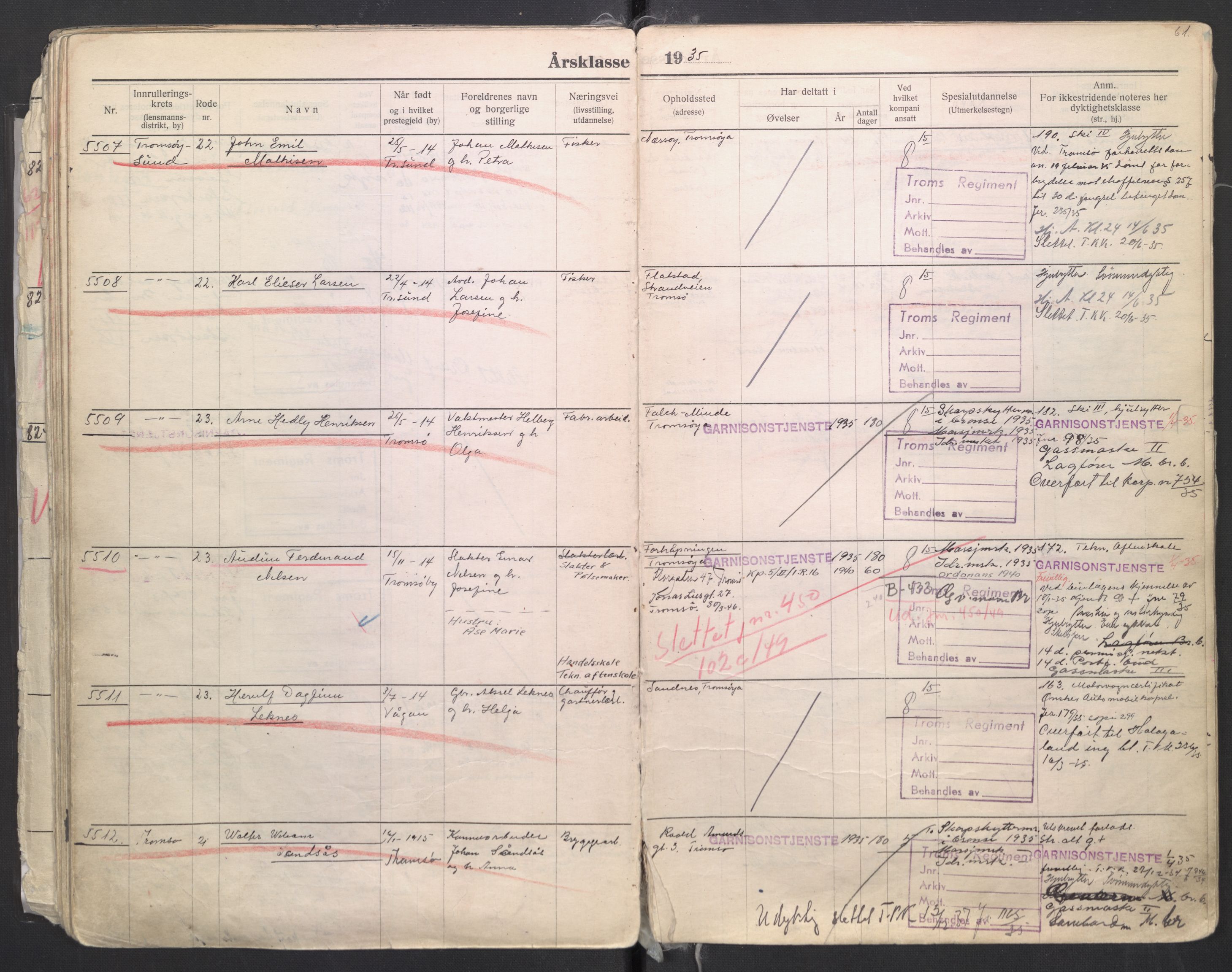 Forsvaret, Troms infanteriregiment nr. 16, AV/RA-RAFA-3146/P/Pa/L0006/0008: Ruller / Rulle for regimentets menige mannskaper, årsklasse 1935, 1935, p. 61