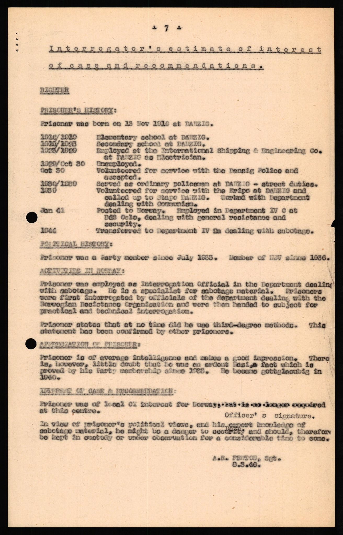 Forsvaret, Forsvarets overkommando II, AV/RA-RAFA-3915/D/Db/L0027: CI Questionaires. Tyske okkupasjonsstyrker i Norge. Tyskere., 1945-1946, p. 331