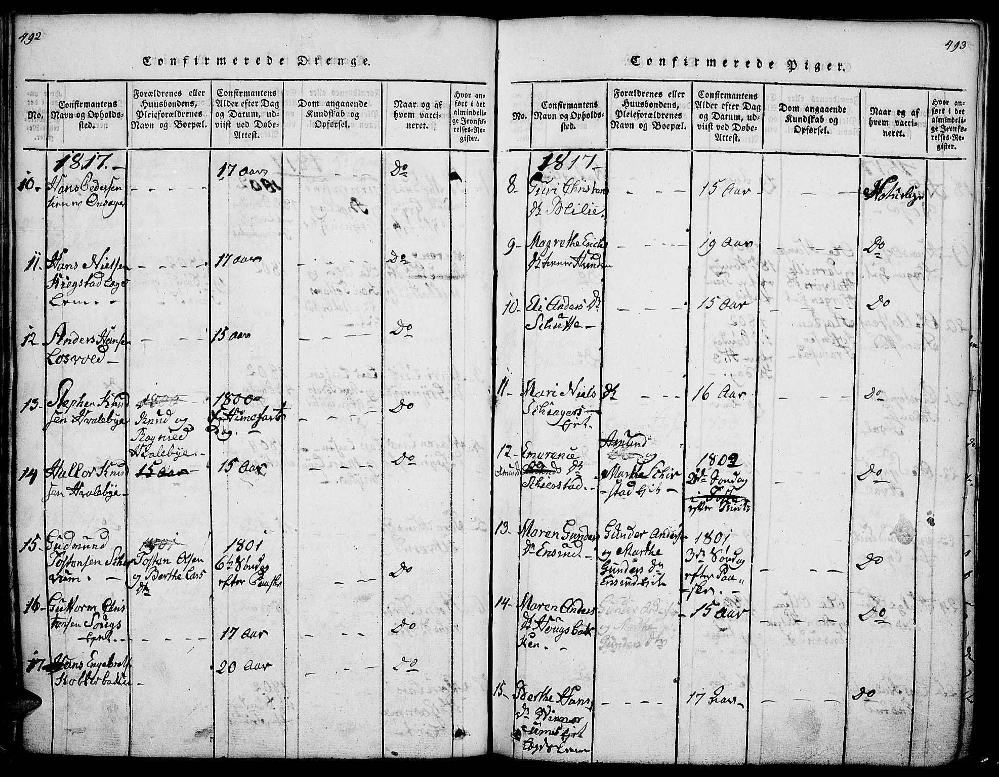 Gran prestekontor, SAH/PREST-112/H/Ha/Haa/L0009: Parish register (official) no. 9, 1815-1824, p. 492-493