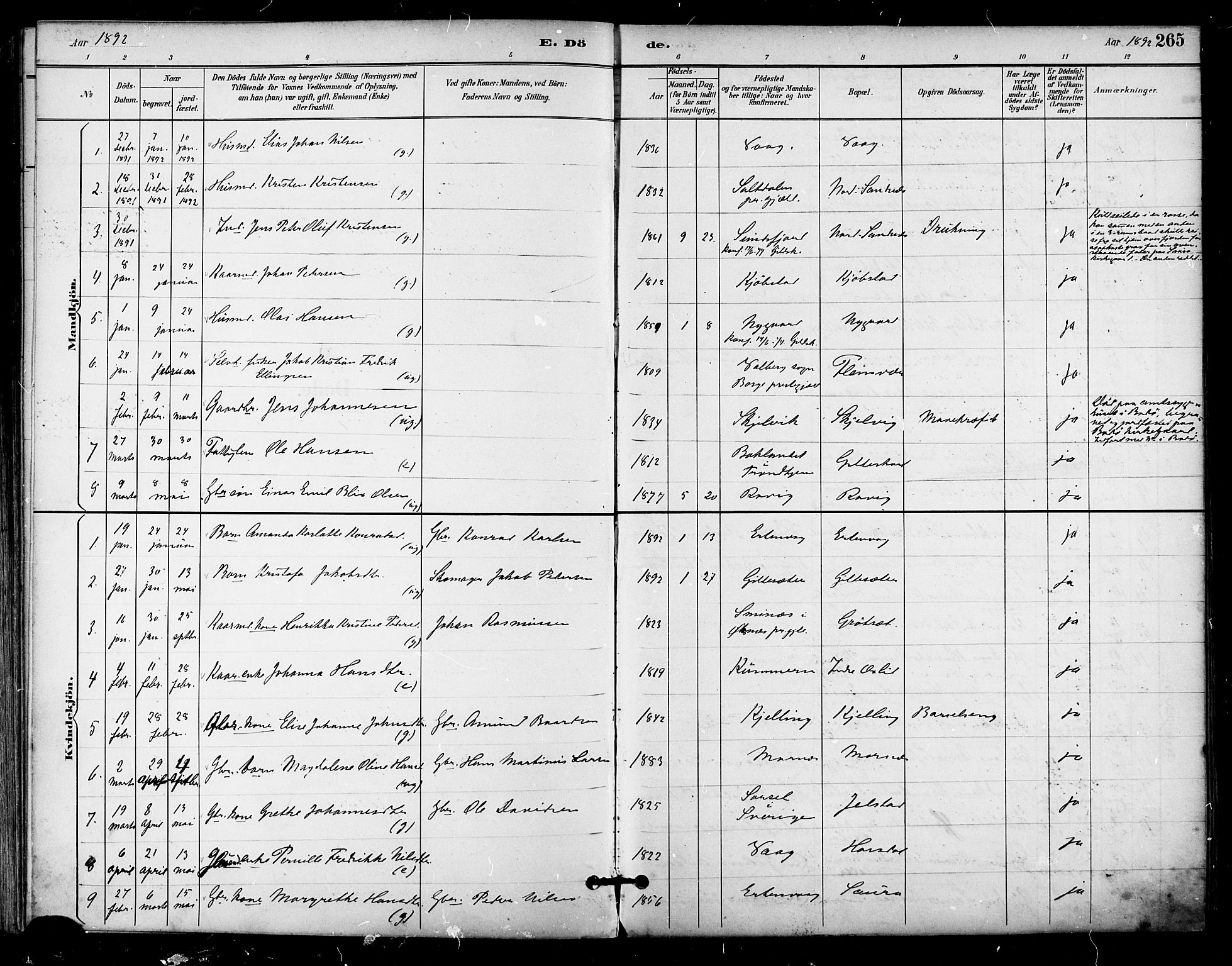 Ministerialprotokoller, klokkerbøker og fødselsregistre - Nordland, AV/SAT-A-1459/805/L0101: Parish register (official) no. 805A07, 1892-1899, p. 265