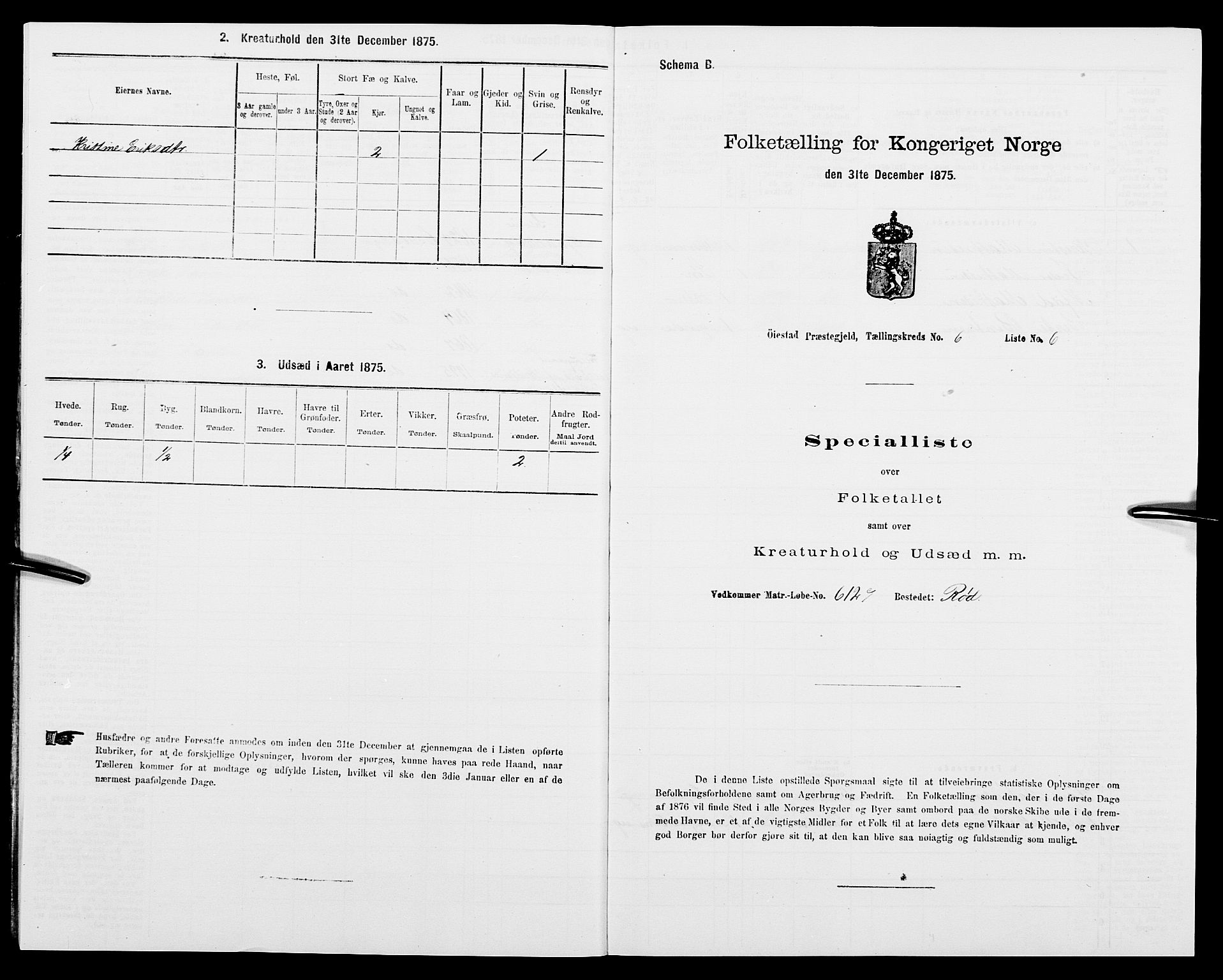 SAK, 1875 census for 0920P Øyestad, 1875, p. 705