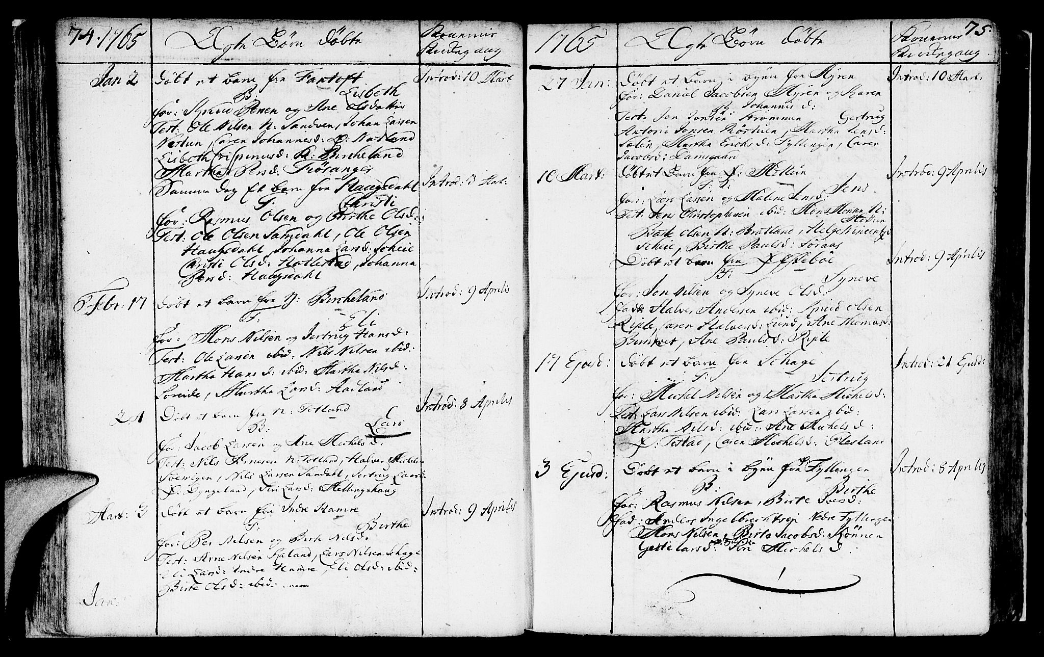 Fana Sokneprestembete, AV/SAB-A-75101/H/Haa/Haaa/L0004: Parish register (official) no. A 4, 1757-1774, p. 74-75