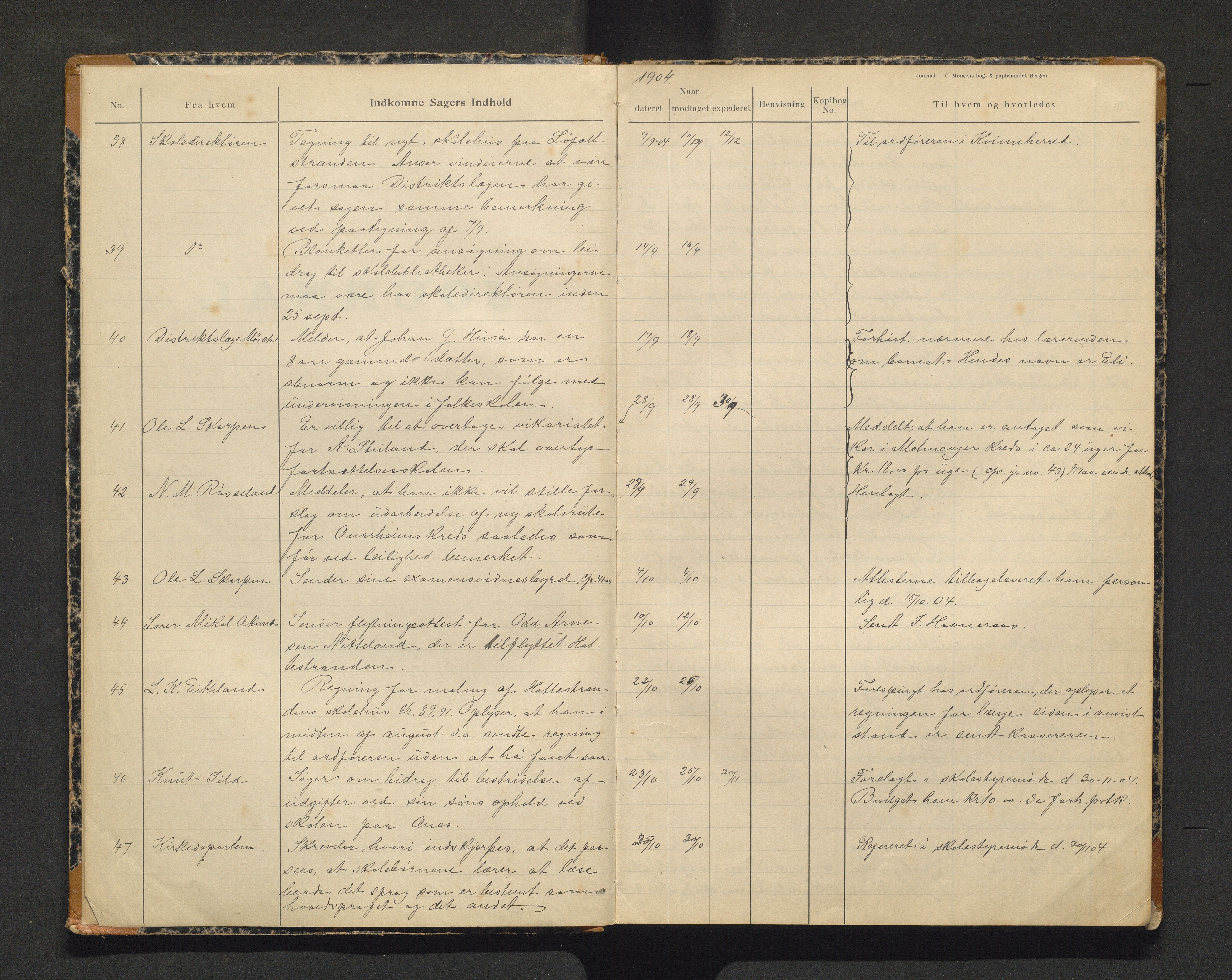 Kvinnherad kommune. Skulestyret , IKAH/1224-211/C/Ca/L0002/0001: Postjounral for Kvinnherad skulestyre  / Postjounral for Kvinnherad skulestyre 1904-1919, 1904-1919