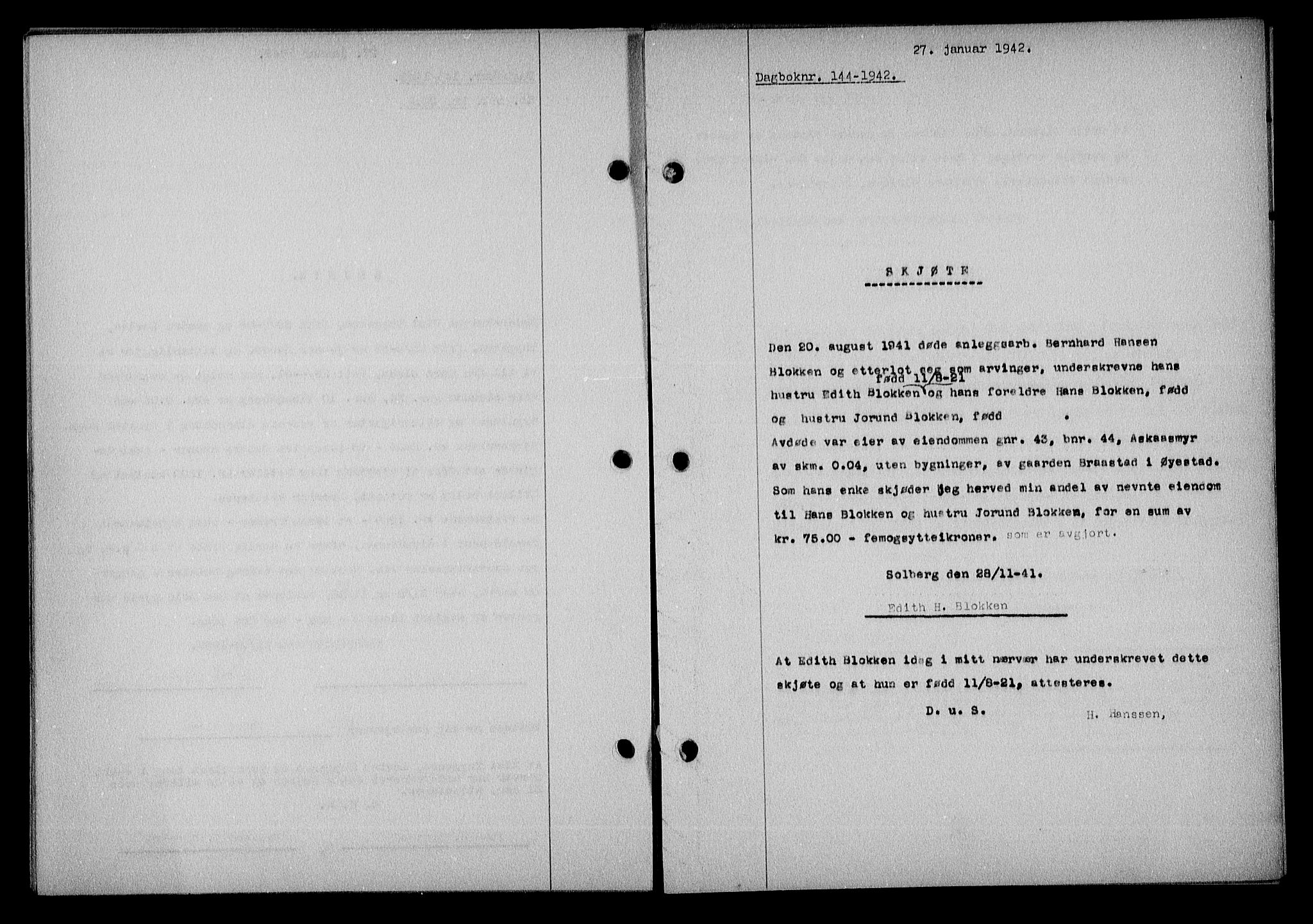 Nedenes sorenskriveri, SAK/1221-0006/G/Gb/Gba/L0049: Mortgage book no. A-III, 1941-1942, Diary no: : 144/1942