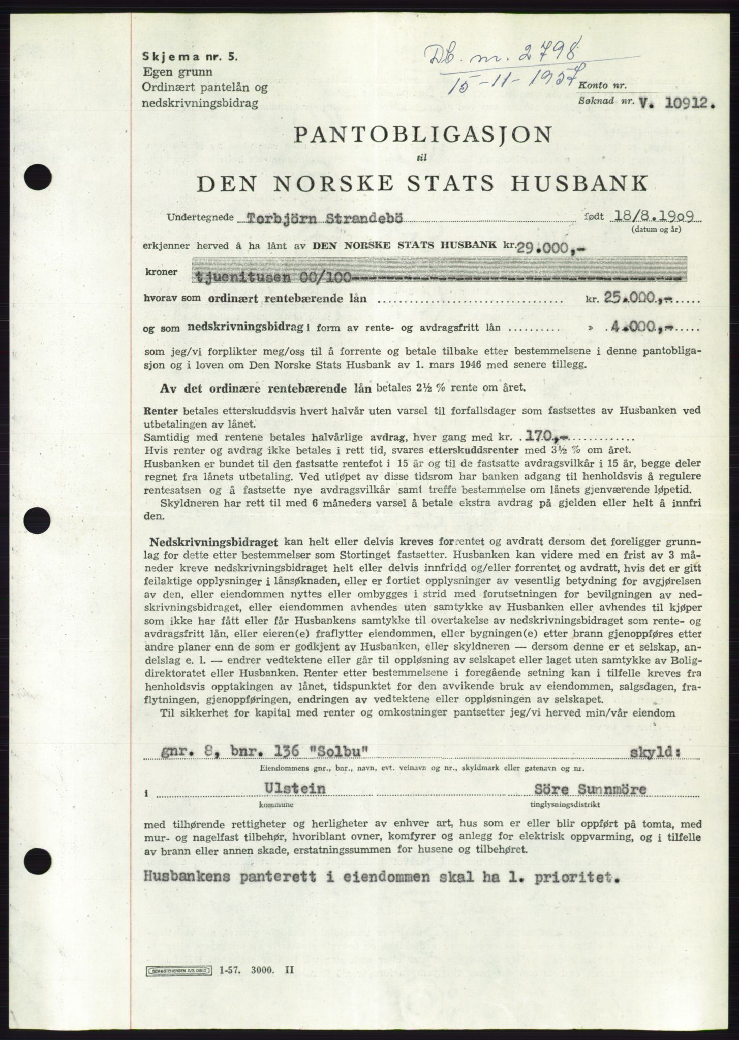 Søre Sunnmøre sorenskriveri, AV/SAT-A-4122/1/2/2C/L0130: Mortgage book no. 18B, 1957-1958, Diary no: : 2798/1957