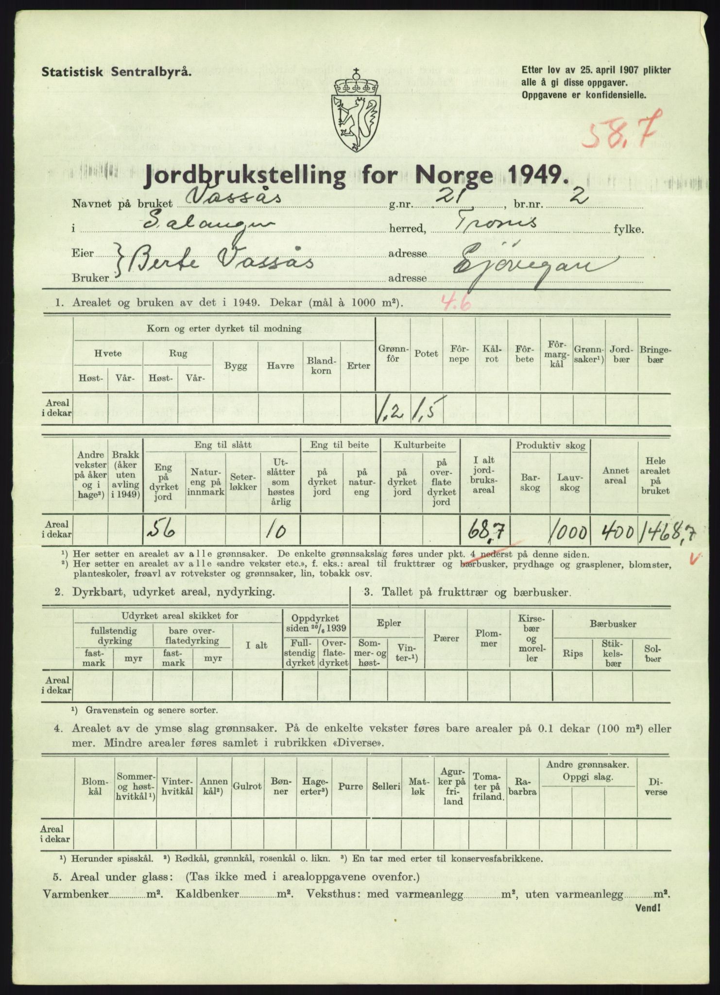 Statistisk sentralbyrå, Næringsøkonomiske emner, Jordbruk, skogbruk, jakt, fiske og fangst, AV/RA-S-2234/G/Gc/L0438: Troms: Salangen og Bardu, 1949, p. 774