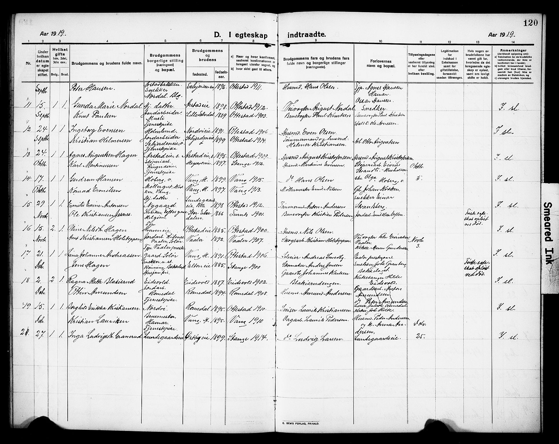 Stange prestekontor, AV/SAH-PREST-002/L/L0015: Parish register (copy) no. 15, 1916-1928, p. 120