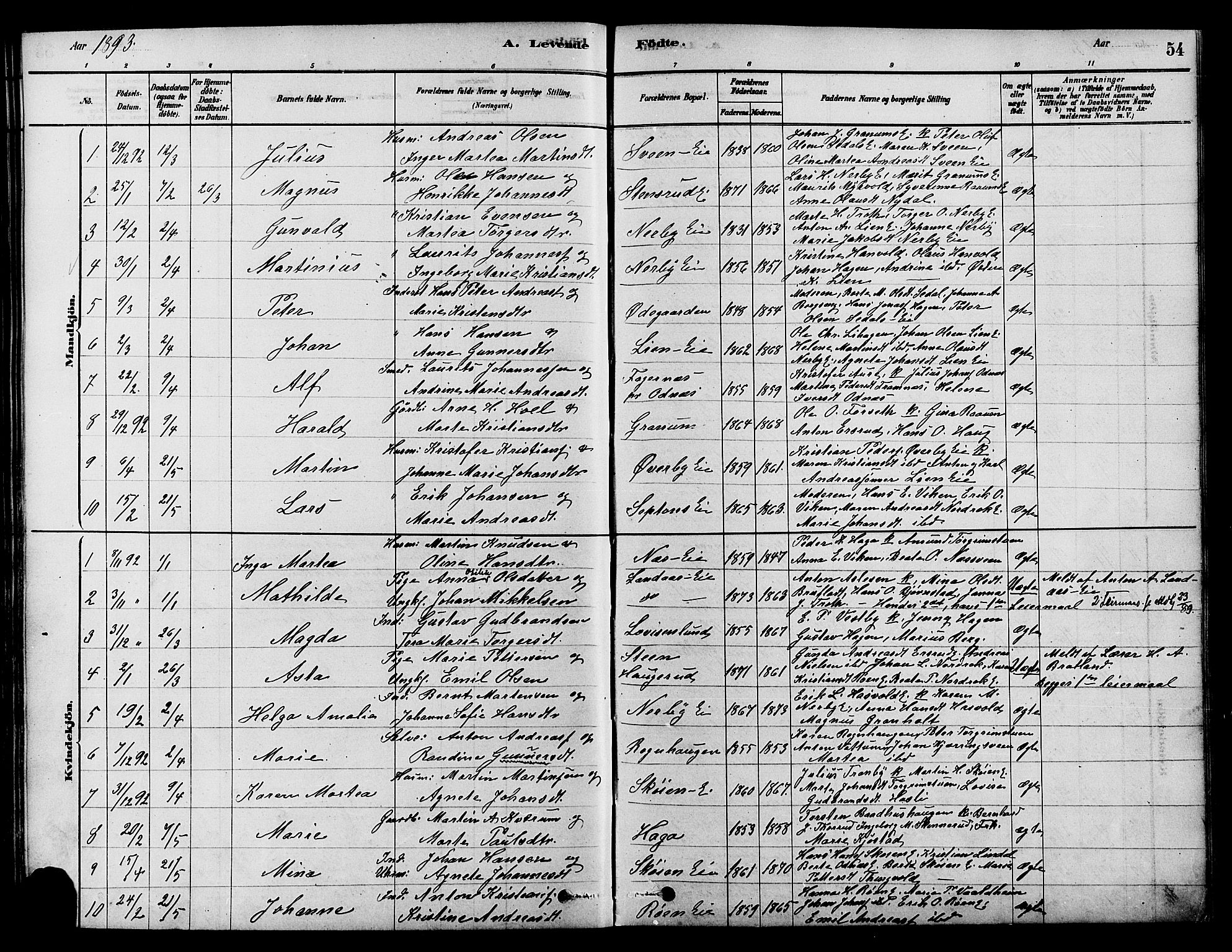 Søndre Land prestekontor, AV/SAH-PREST-122/K/L0002: Parish register (official) no. 2, 1878-1894, p. 54