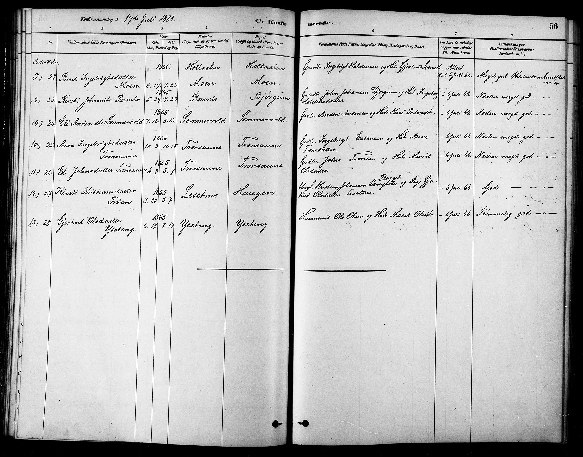 Ministerialprotokoller, klokkerbøker og fødselsregistre - Sør-Trøndelag, SAT/A-1456/685/L0972: Parish register (official) no. 685A09, 1879-1890, p. 56