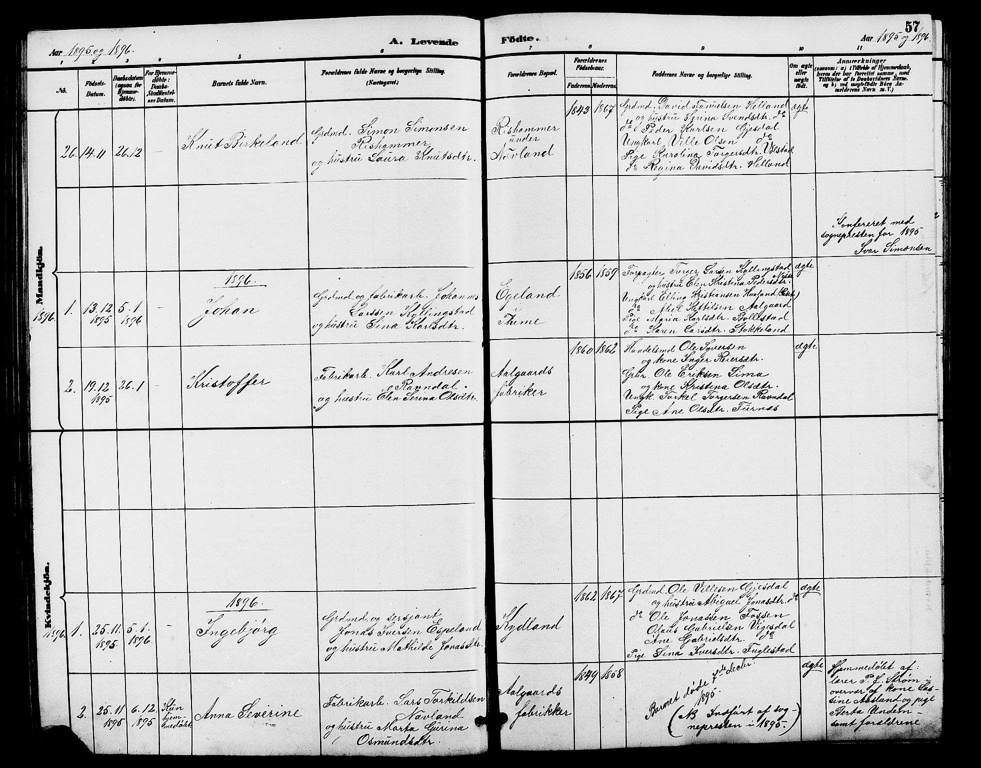Lye sokneprestkontor, SAST/A-101794/001/30BB/L0008: Parish register (copy) no. B 7, 1887-1901, p. 57