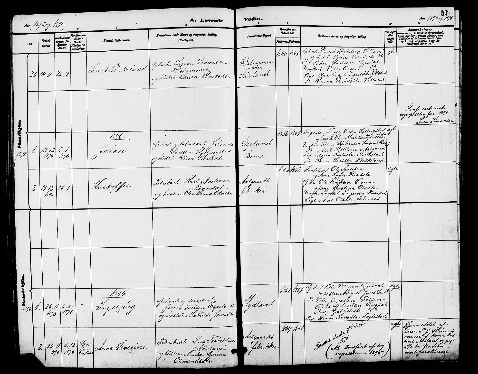 Lye sokneprestkontor, AV/SAST-A-101794/001/30BB/L0008: Parish register (copy) no. B 7, 1887-1901, p. 57