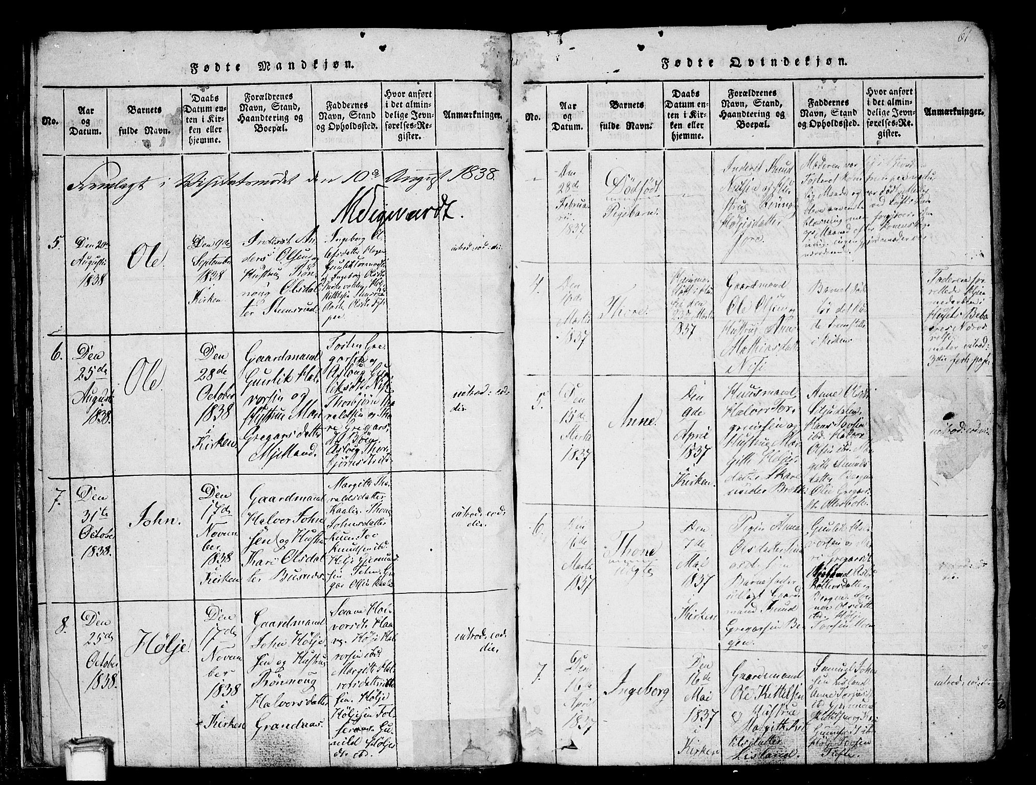 Gransherad kirkebøker, SAKO/A-267/F/Fa/L0001: Parish register (official) no. I 1, 1815-1843, p. 61