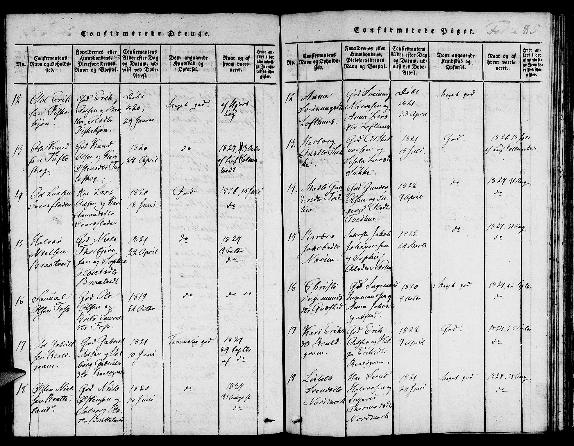 Suldal sokneprestkontor, AV/SAST-A-101845/01/IV/L0006: Parish register (official) no. A 6, 1816-1836, p. 285