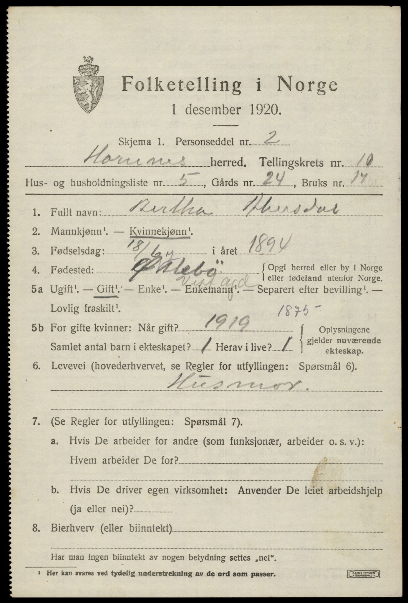 SAK, 1920 census for Hornnes, 1920, p. 2543