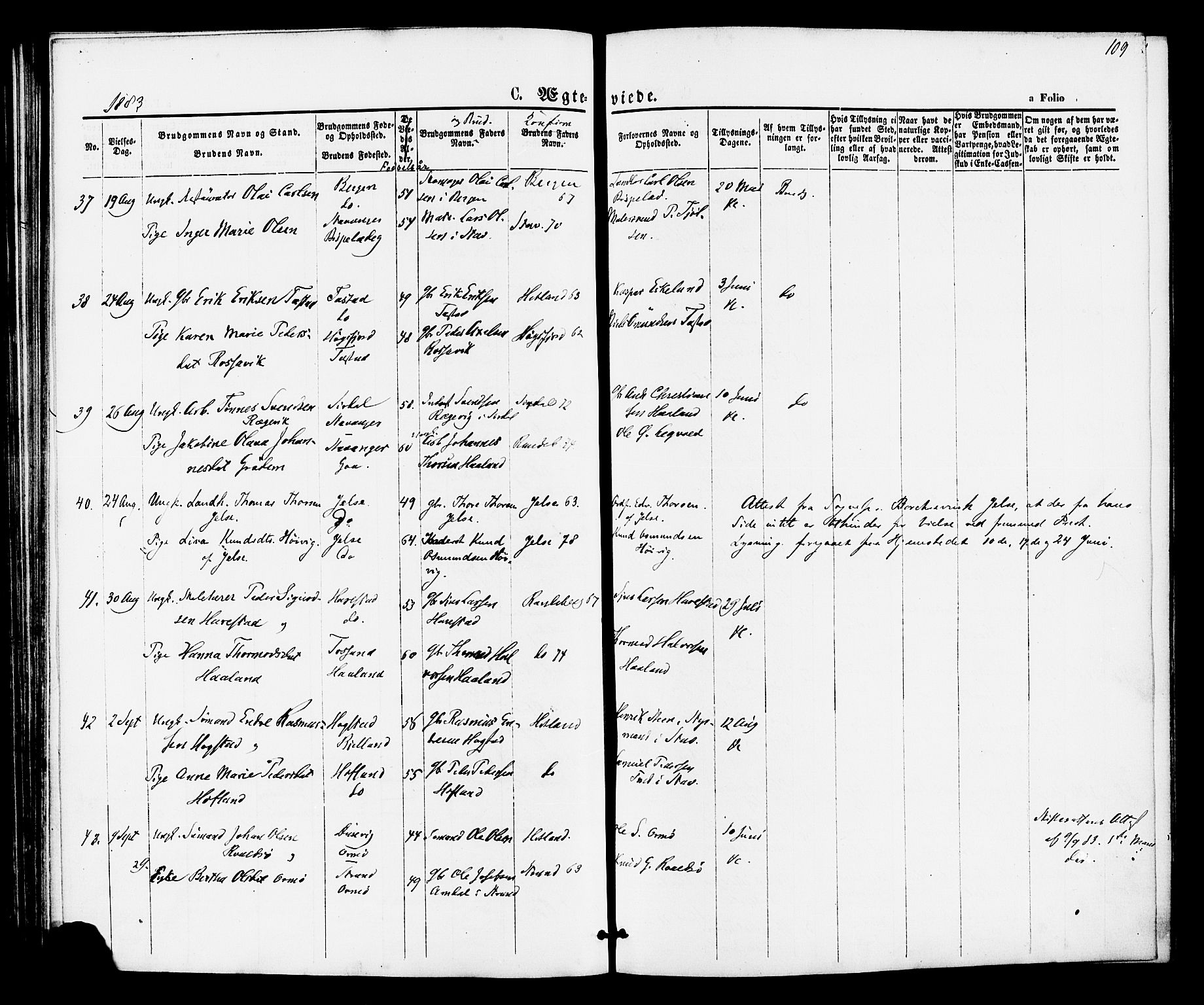 Hetland sokneprestkontor, AV/SAST-A-101826/30/30BA/L0005: Parish register (official) no. A 5, 1869-1884, p. 109