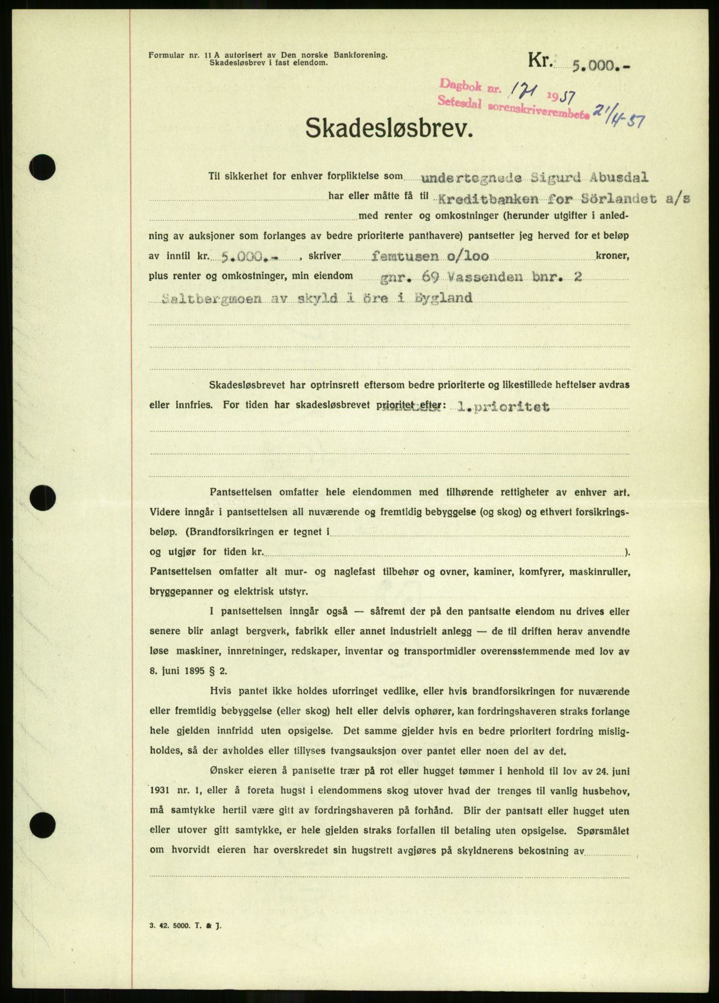 Setesdal sorenskriveri, SAK/1221-0011/G/Gb/L0050: Mortgage book no. B 38, 1949-1952, Diary no: : 171/1951
