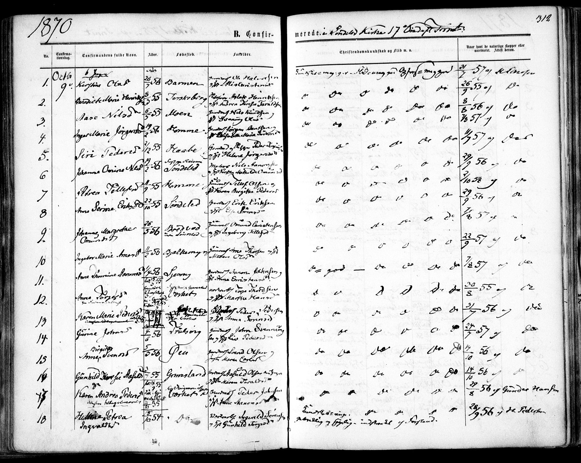 Søndeled sokneprestkontor, AV/SAK-1111-0038/F/Fa/L0003: Parish register (official) no. A 3, 1861-1879, p. 312