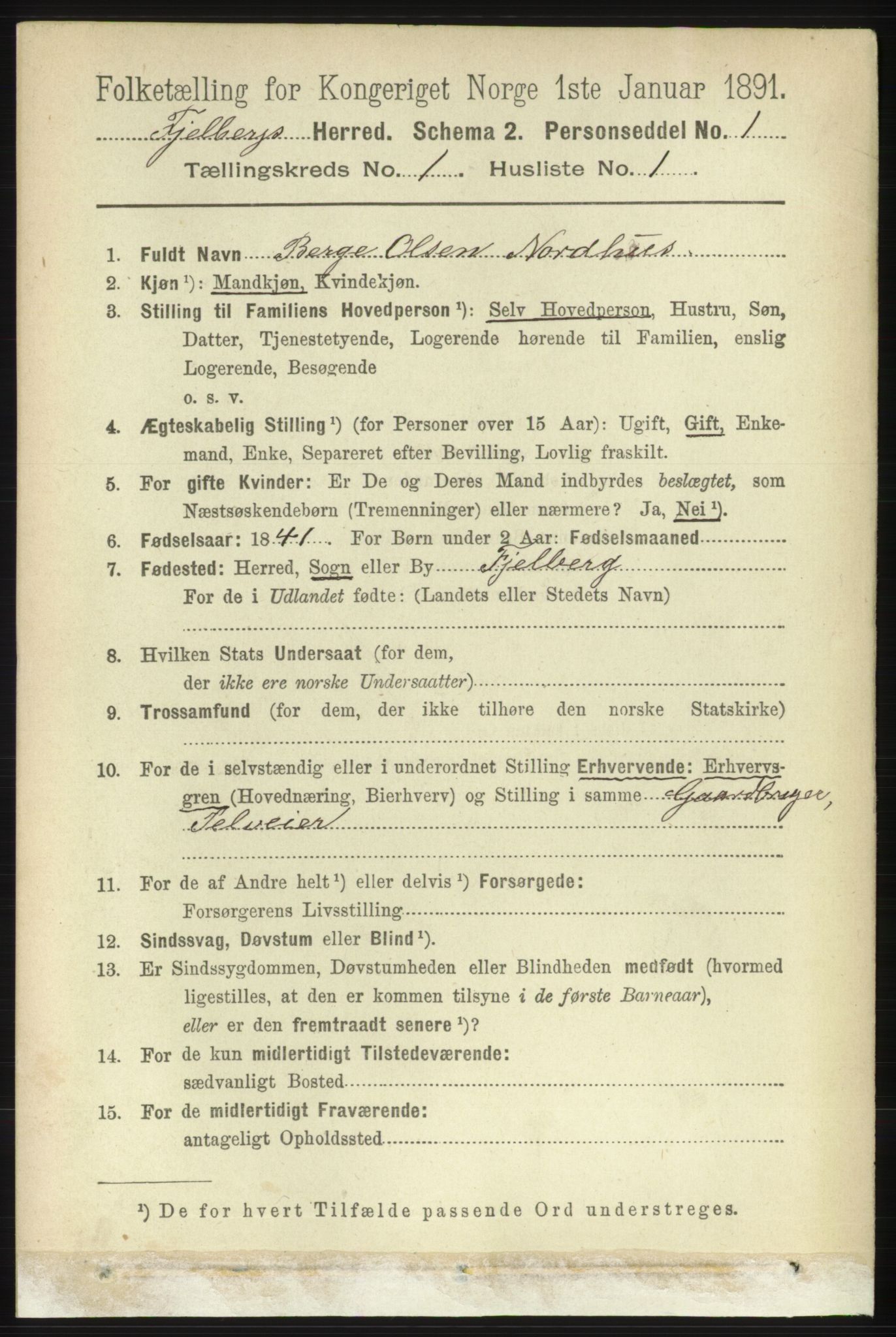 RA, 1891 census for 1213 Fjelberg, 1891, p. 101