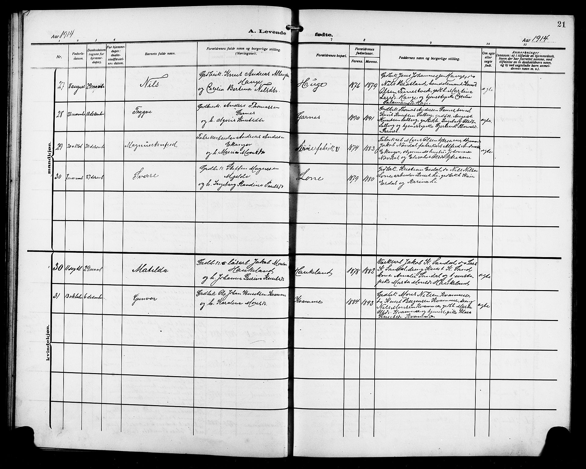 Arna Sokneprestembete, AV/SAB-A-74001/H/Ha/Hab: Parish register (copy) no. A 5, 1911-1921, p. 21