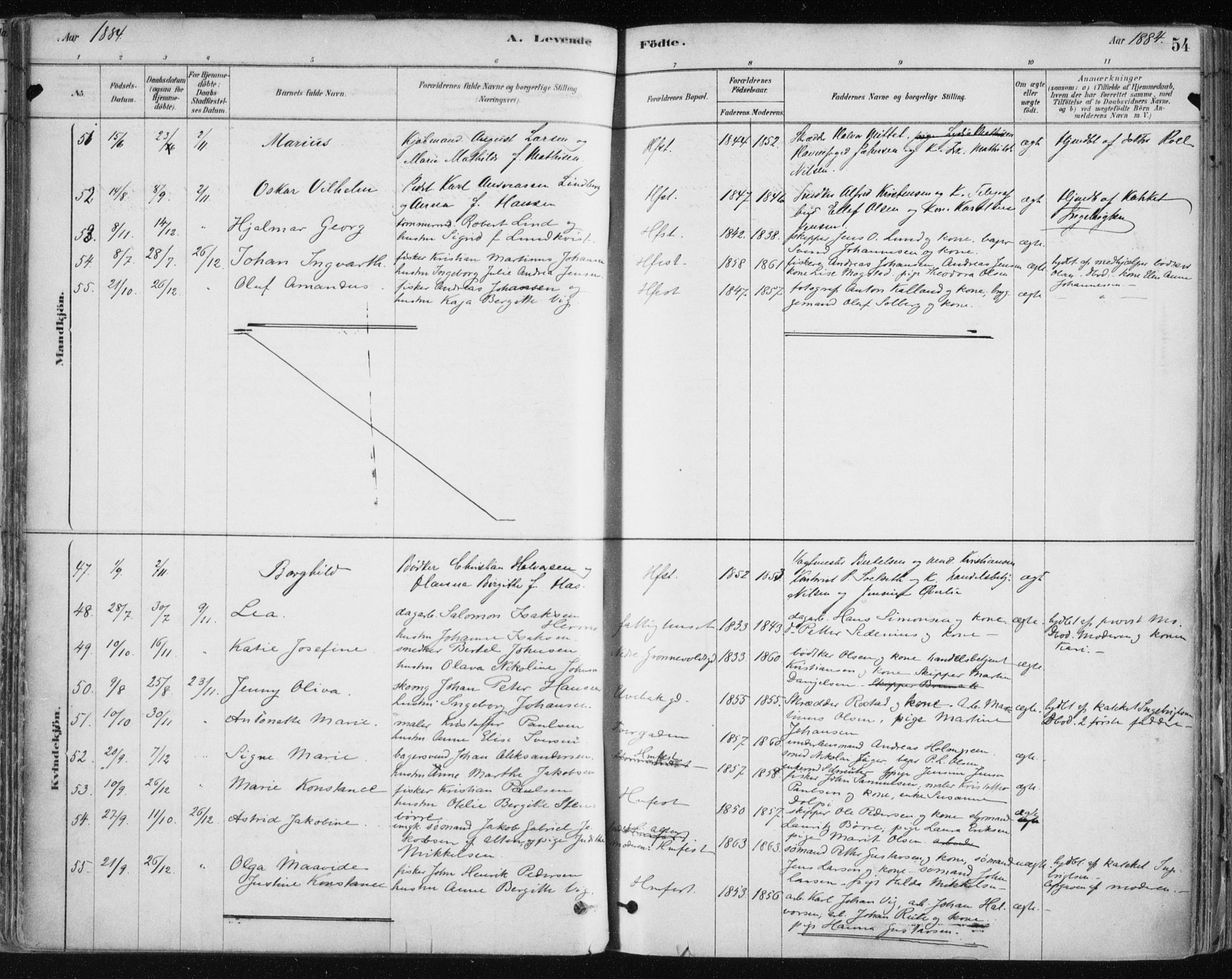 Hammerfest sokneprestkontor, AV/SATØ-S-1347/H/Ha/L0008.kirke: Parish register (official) no. 8, 1878-1889, p. 54