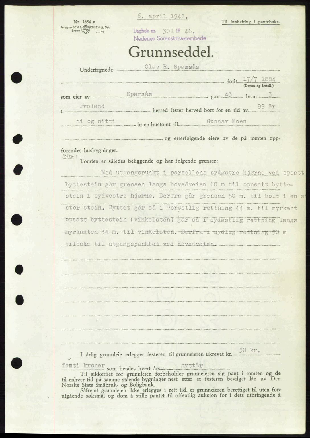 Nedenes sorenskriveri, AV/SAK-1221-0006/G/Gb/Gba/L0054: Mortgage book no. A6c, 1946-1946, Diary no: : 301/1946