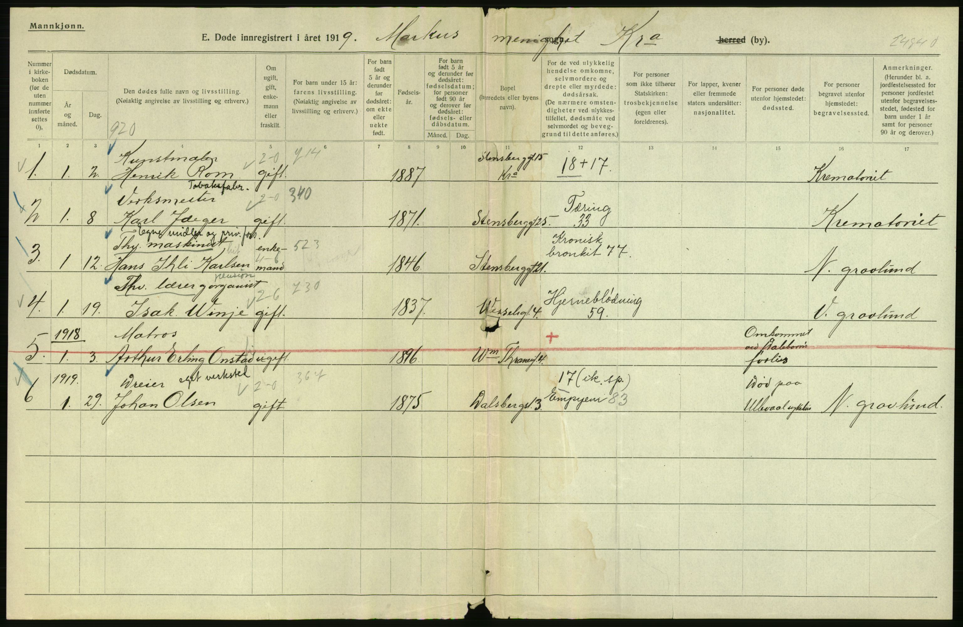 Statistisk sentralbyrå, Sosiodemografiske emner, Befolkning, AV/RA-S-2228/D/Df/Dfb/Dfbi/L0011: Kristiania: Døde, dødfødte, 1919