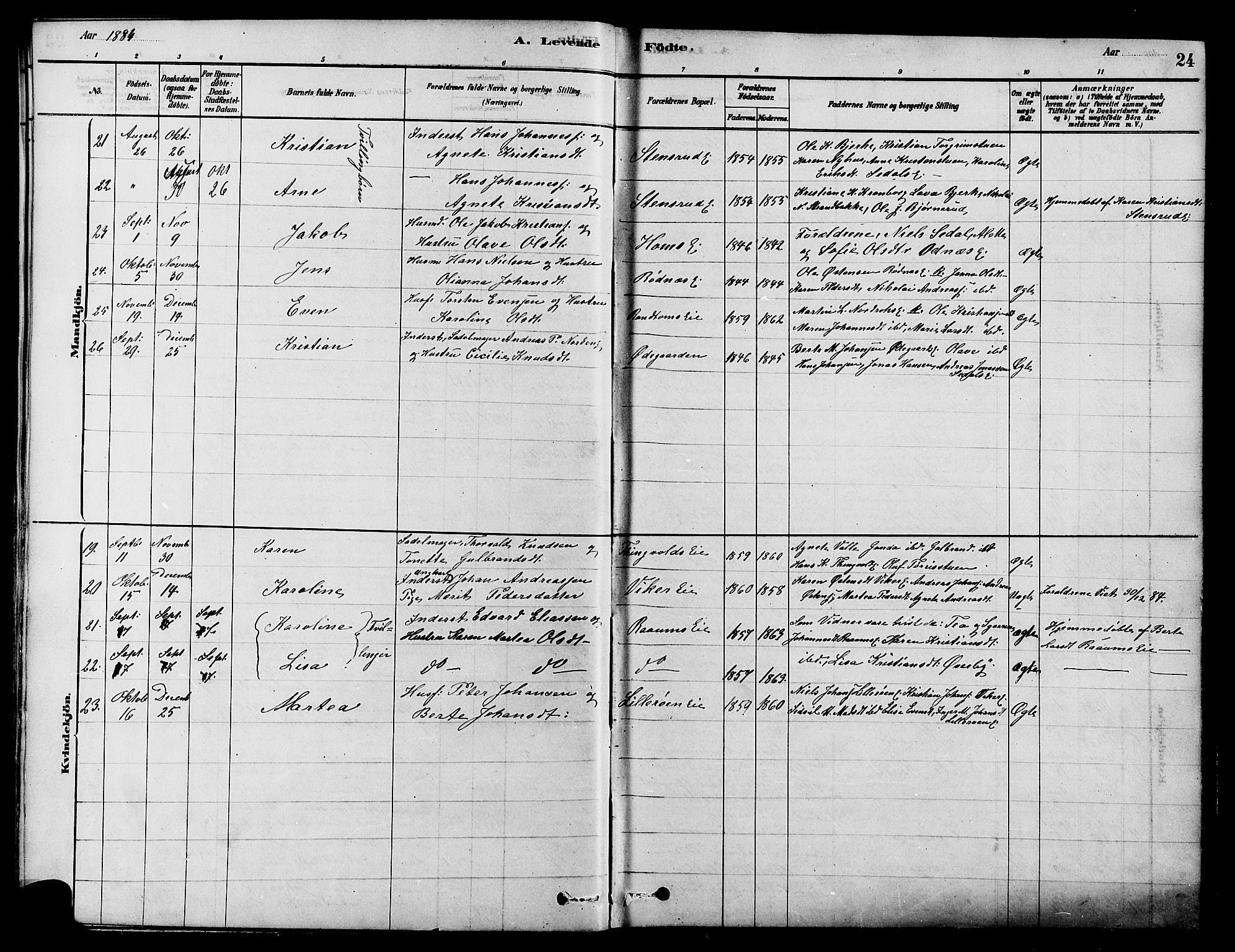 Søndre Land prestekontor, AV/SAH-PREST-122/K/L0002: Parish register (official) no. 2, 1878-1894, p. 24