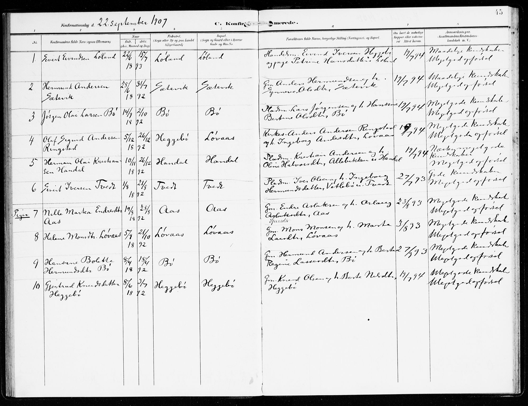 Hyllestad sokneprestembete, AV/SAB-A-80401: Parish register (official) no. C 2, 1904-1917, p. 45