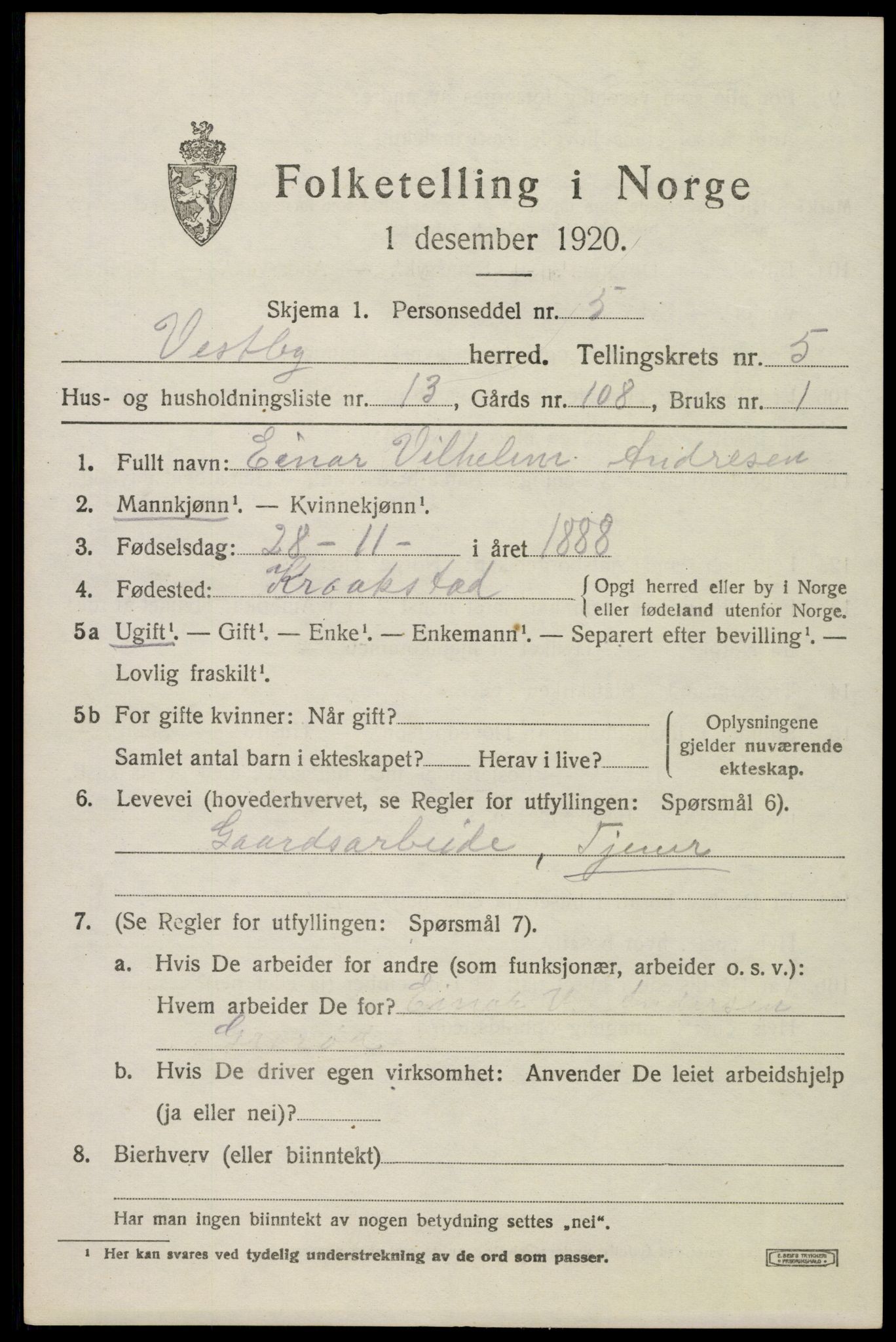 SAO, 1920 census for Vestby, 1920, p. 5433