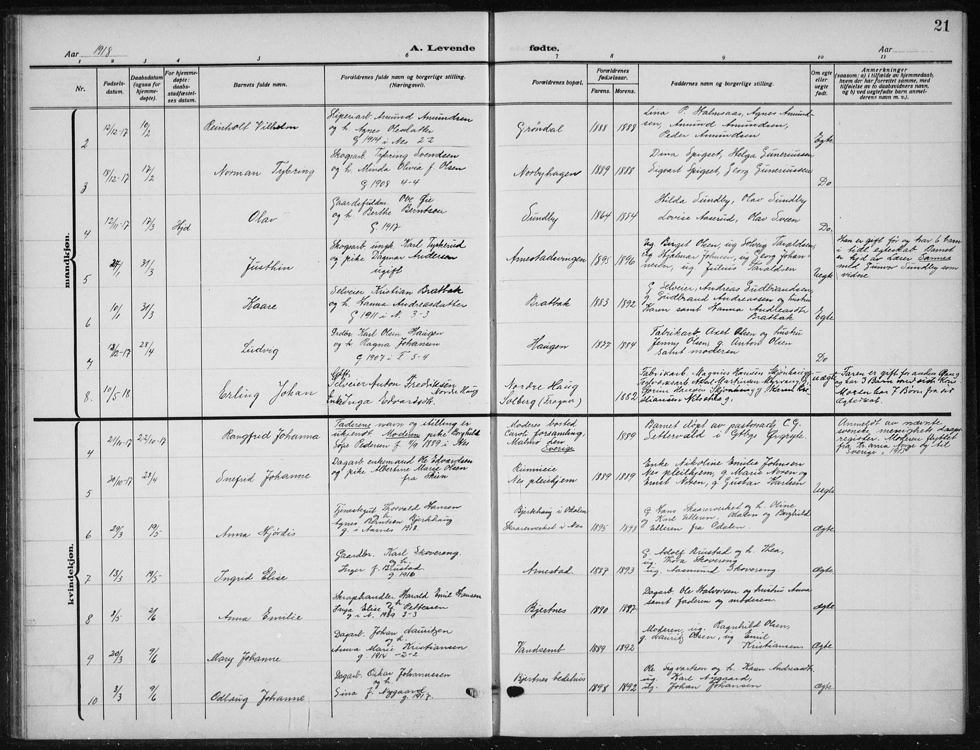 Nes prestekontor Kirkebøker, AV/SAO-A-10410/G/Ga/L0003: Parish register (copy) no. I 3, 1913-1941, p. 21