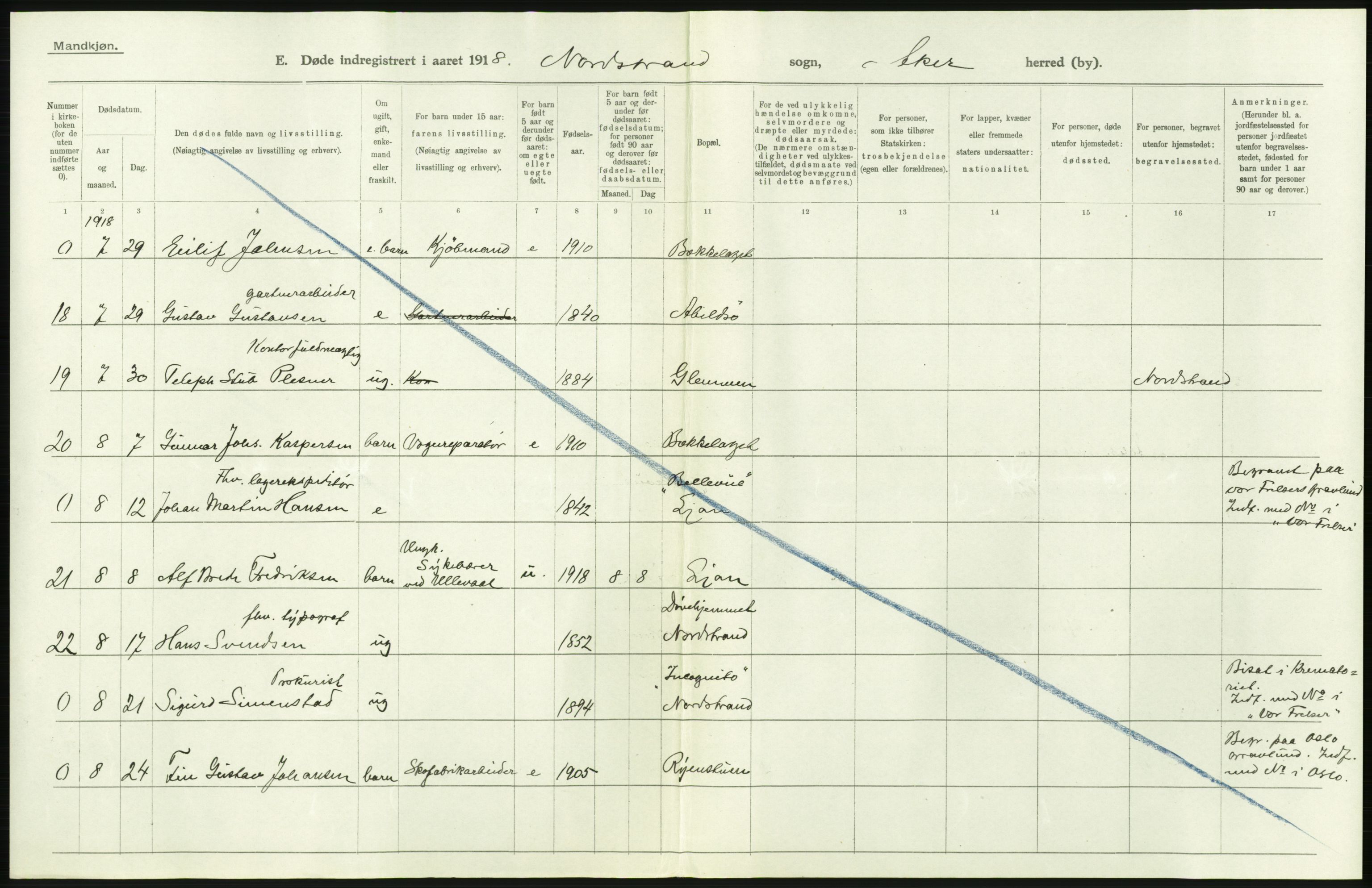 Statistisk sentralbyrå, Sosiodemografiske emner, Befolkning, AV/RA-S-2228/D/Df/Dfb/Dfbh/L0006: Akershus fylke: Døde. Bygder og byer., 1918, p. 100