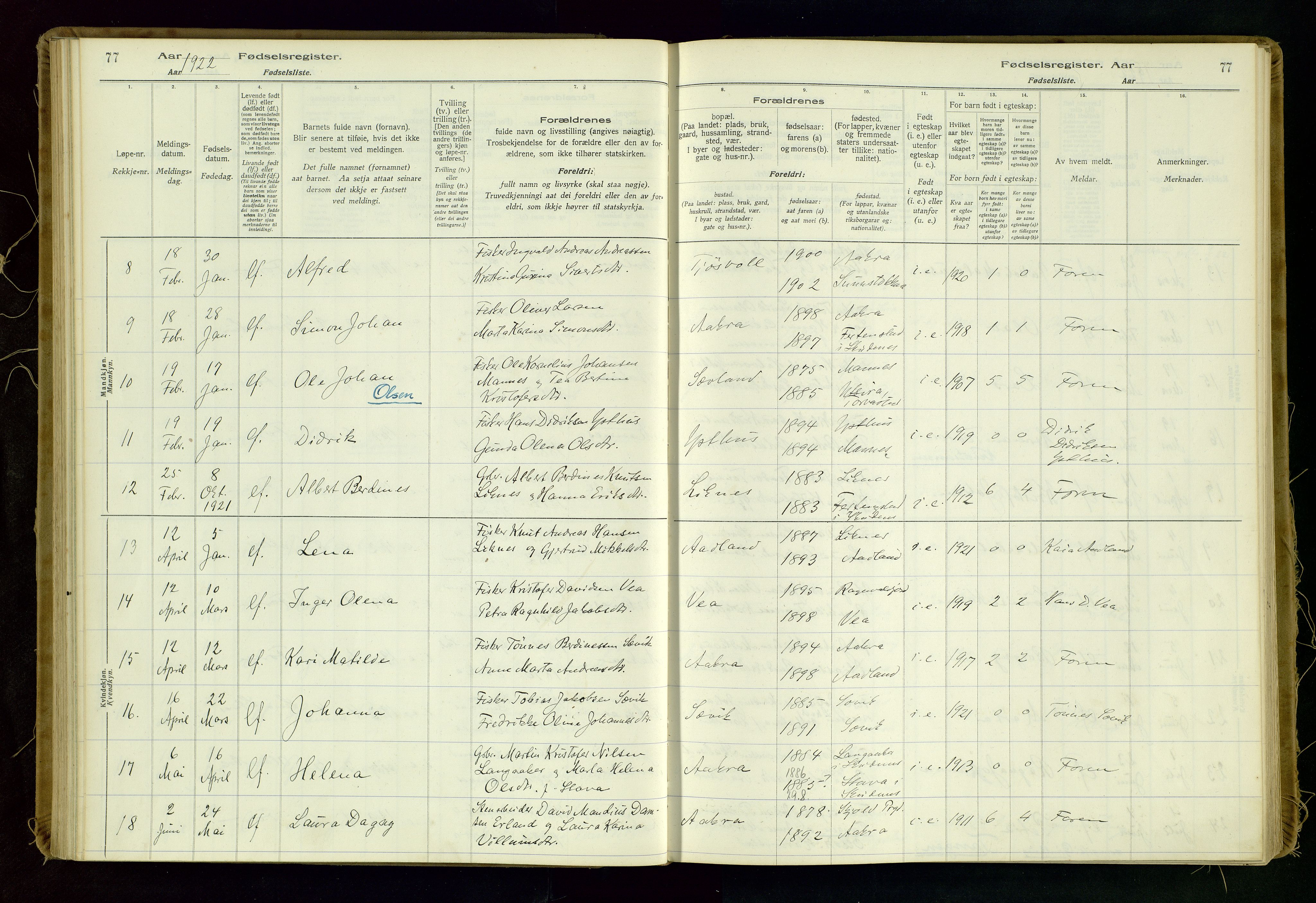 Kopervik sokneprestkontor, AV/SAST-A-101850/I/Id/L0006: Birth register no. 6, 1916-1934, p. 77