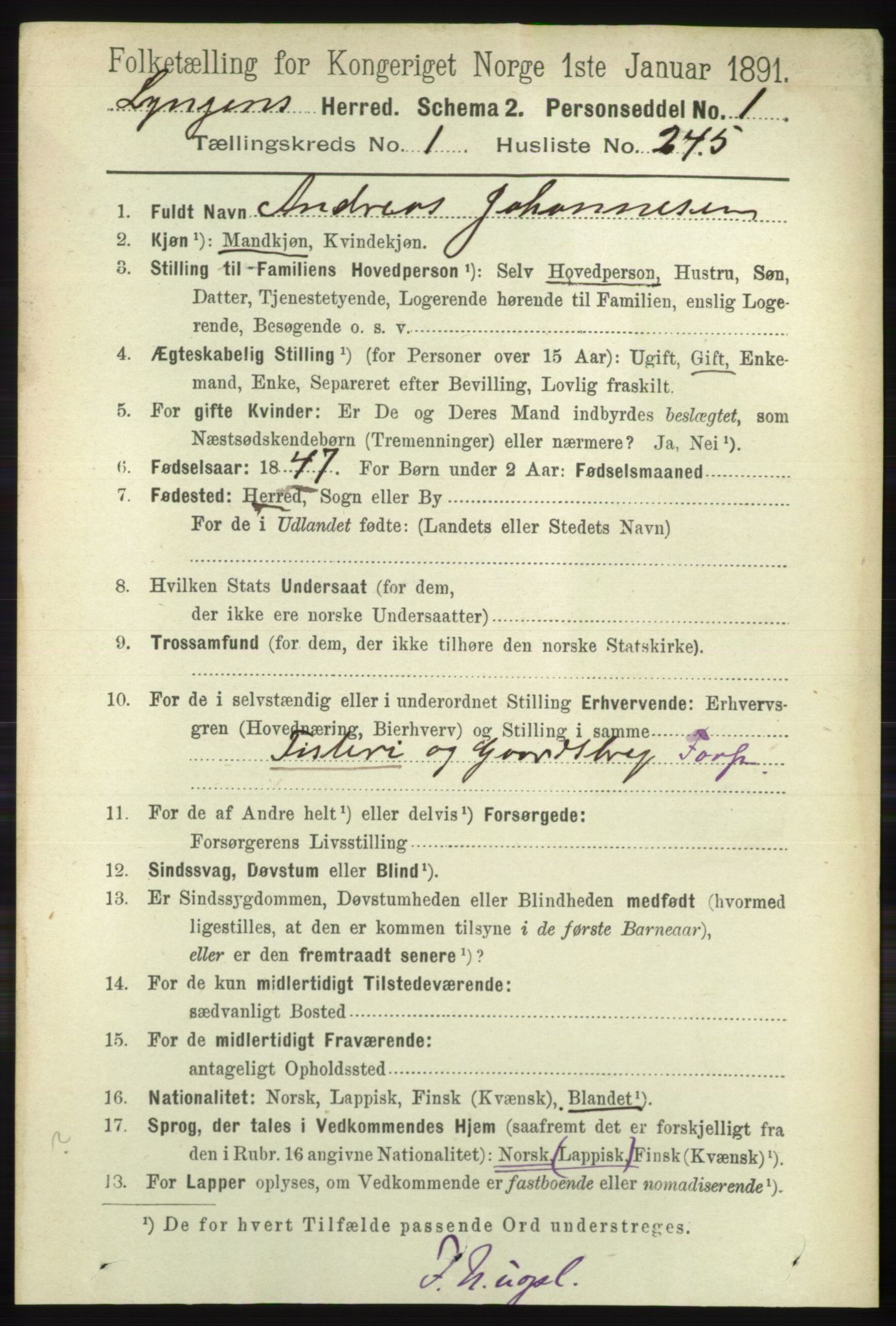 RA, 1891 census for 1938 Lyngen, 1891, p. 1905