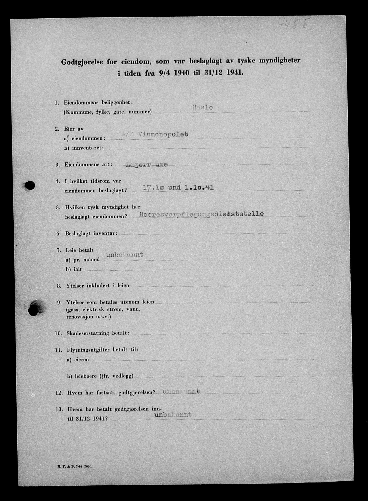 Justisdepartementet, Tilbakeføringskontoret for inndratte formuer, AV/RA-S-1564/I/L1010: Godtgjørelse for beslaglagt eiendom, 1940-1941, p. 143