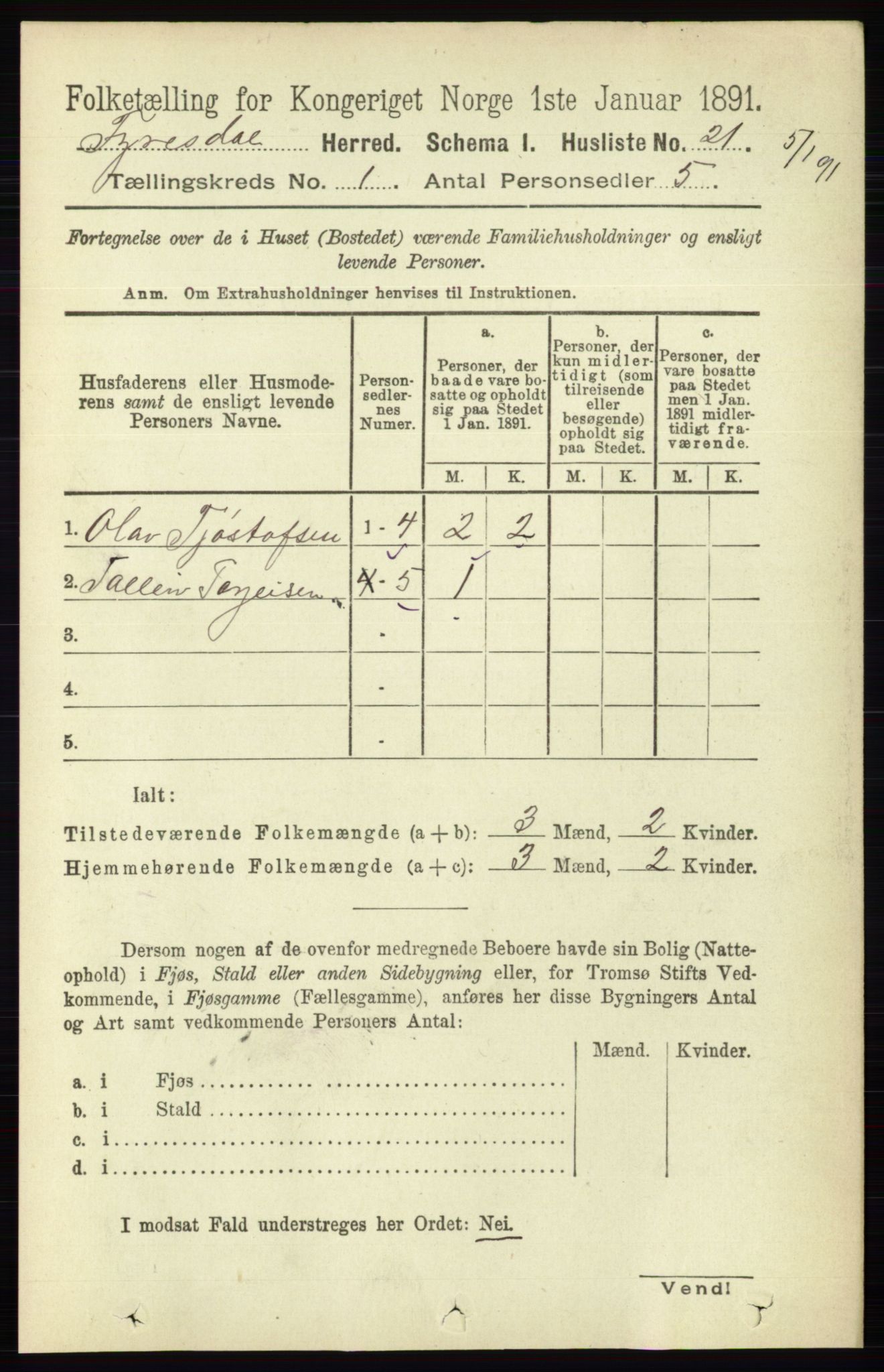 RA, 1891 census for 0831 Fyresdal, 1891, p. 44