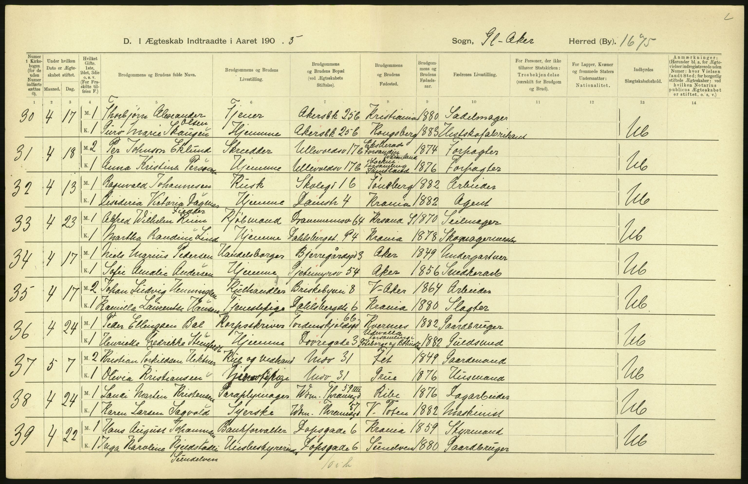 Statistisk sentralbyrå, Sosiodemografiske emner, Befolkning, AV/RA-S-2228/D/Df/Dfa/Dfac/L0007b: Kristiania: Gifte, 1905, p. 16