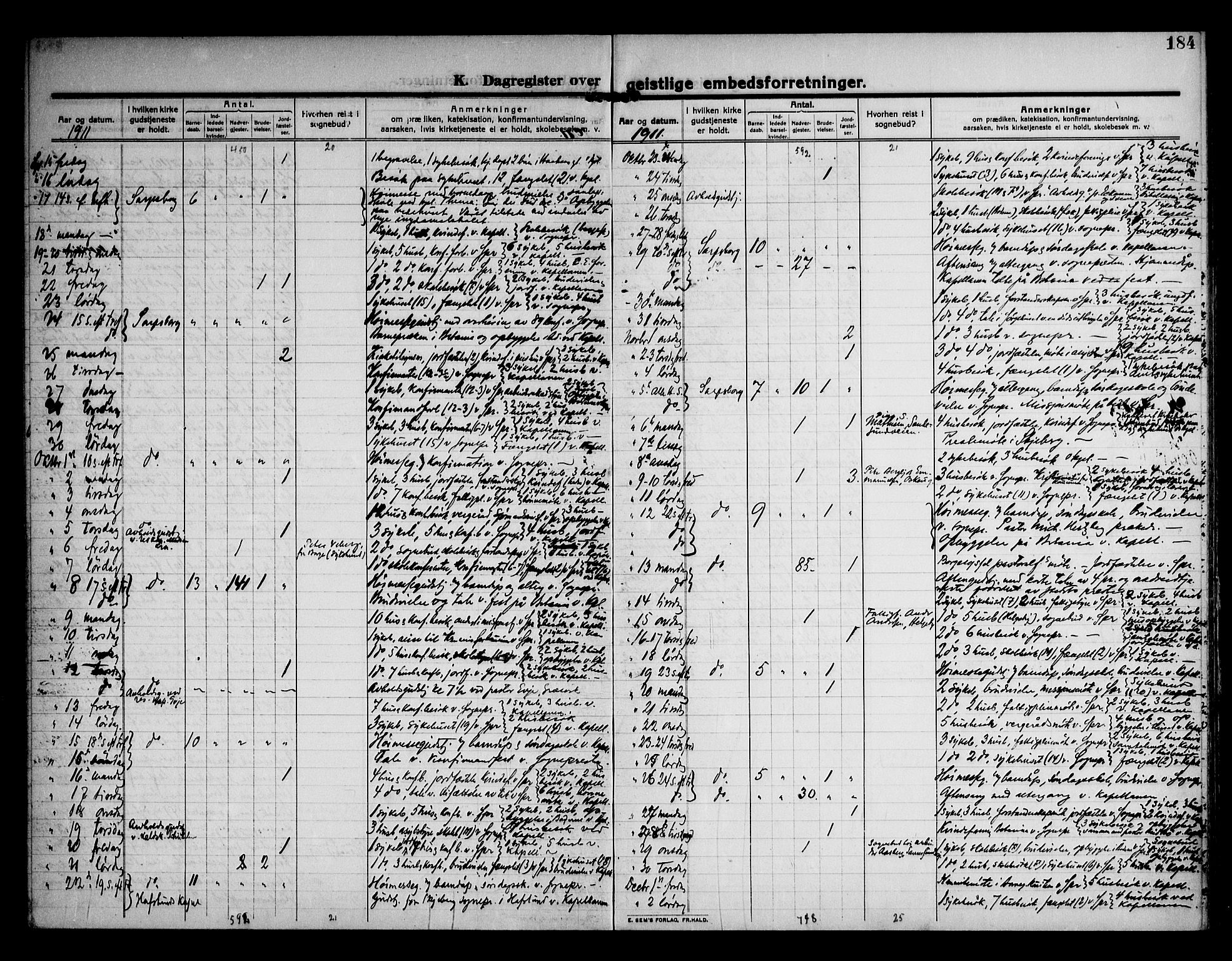 Sarpsborg prestekontor Kirkebøker, AV/SAO-A-2006/F/Fa/L0007: Parish register (official) no. 7, 1910-1918, p. 184