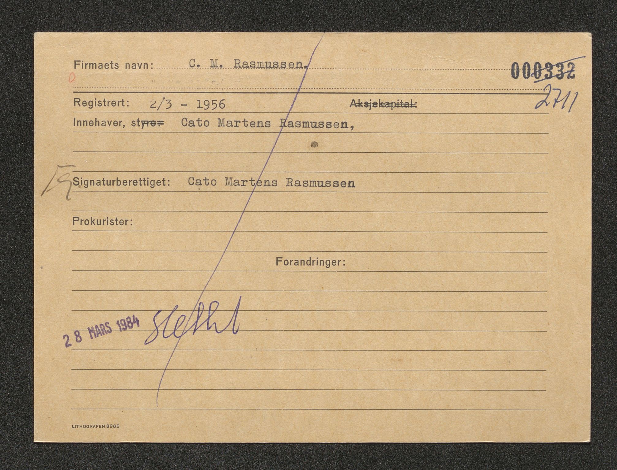 Stavanger byfogd, AV/SAST-A-101408/001/4/42/422/4221A/L0004: Register over slettede firma K-M, 1891-1987, p. 185